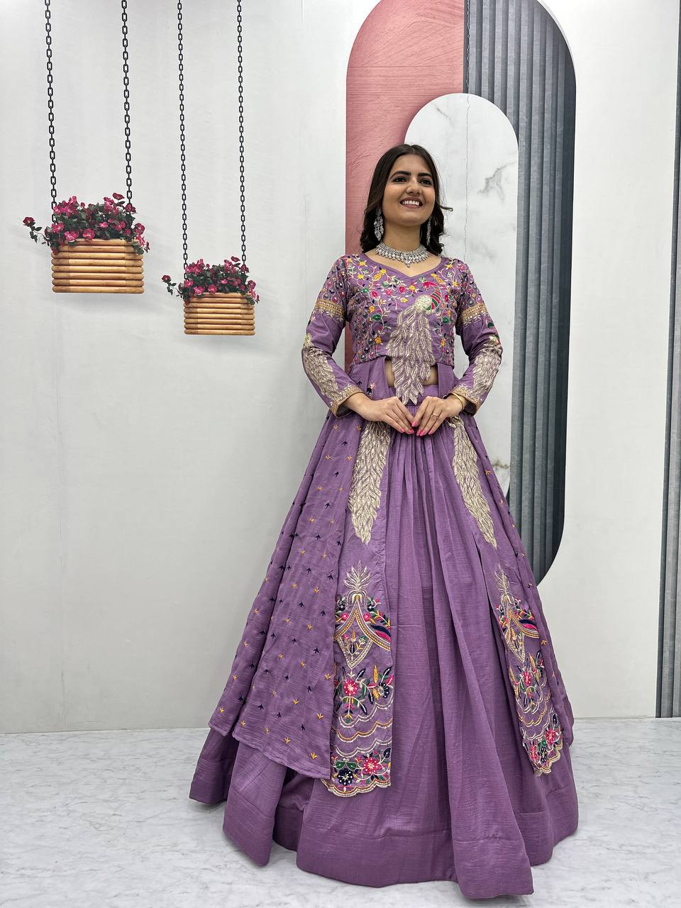 Festival Special Vichitra Silk Crop Top with Shrug & Lehenga - Image 32