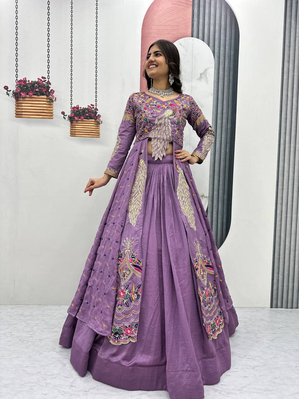 Festival Special Vichitra Silk Crop Top with Shrug & Lehenga - Image 33