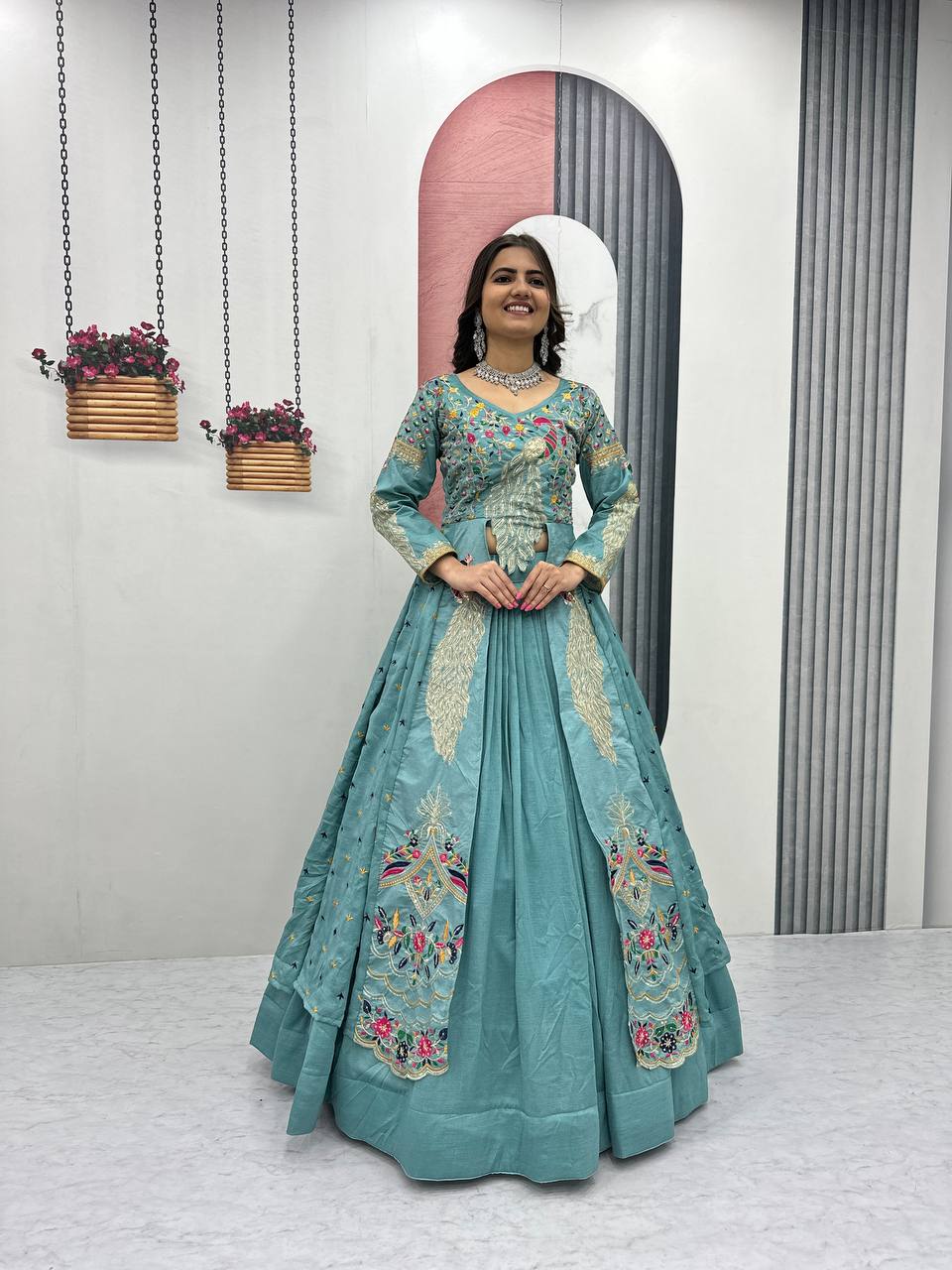 Festival Special Vichitra Silk Crop Top with Shrug & Lehenga - Image 37