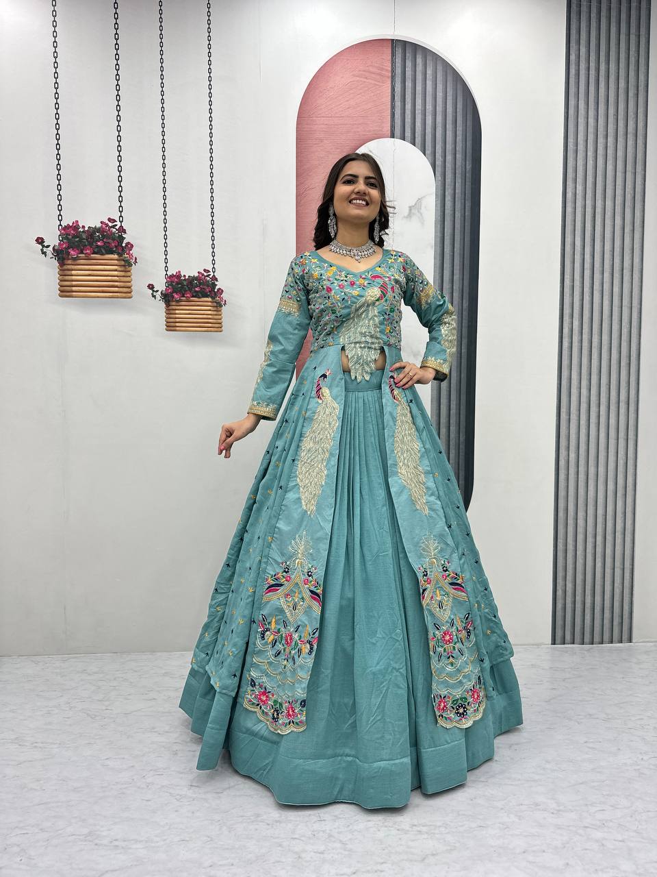 Festival Special Vichitra Silk Crop Top with Shrug & Lehenga - Image 39