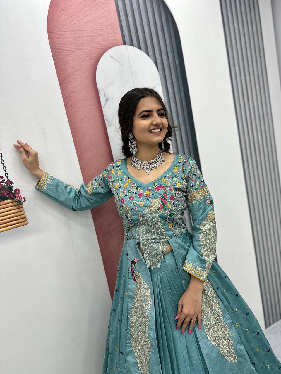 Festival Special Vichitra Silk Crop Top with Shrug & Lehenga - Image 41