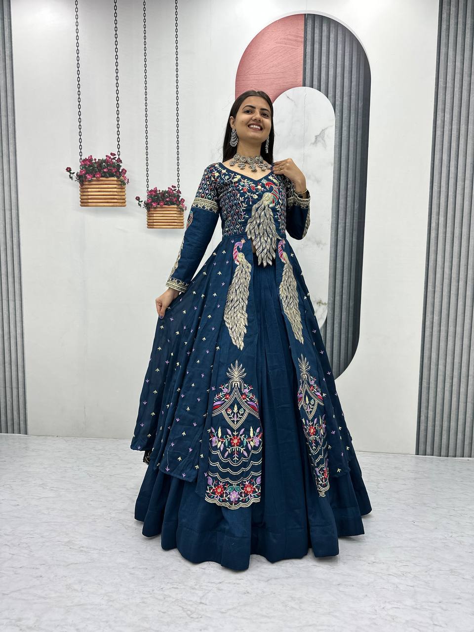 Festival Special Vichitra Silk Crop Top with Shrug & Lehenga - Image 6