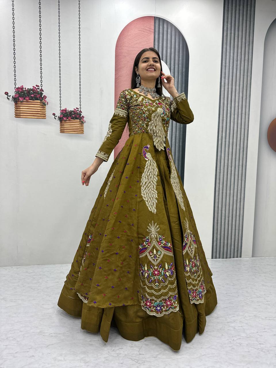 Festival Special Vichitra Silk Crop Top with Shrug & Lehenga - Image 8