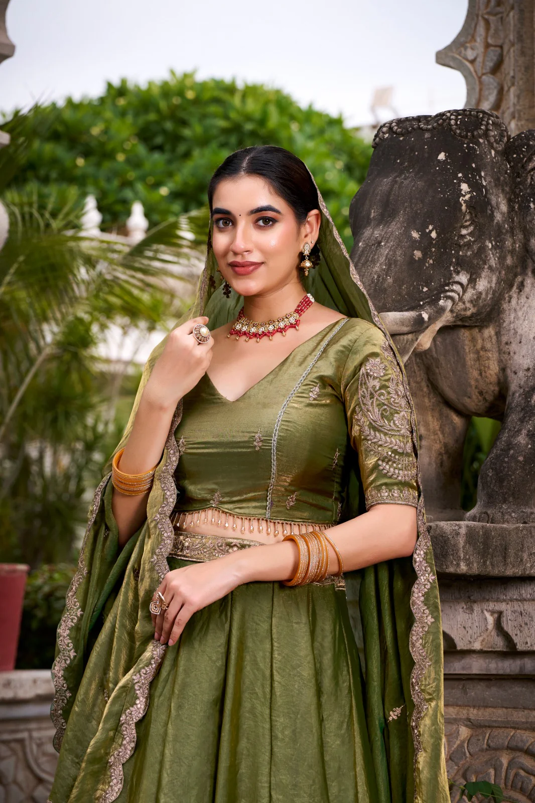 Festive Fendi Sequins and Thread Embroidery Work Lehenga Choli with Dupatta - Image 8