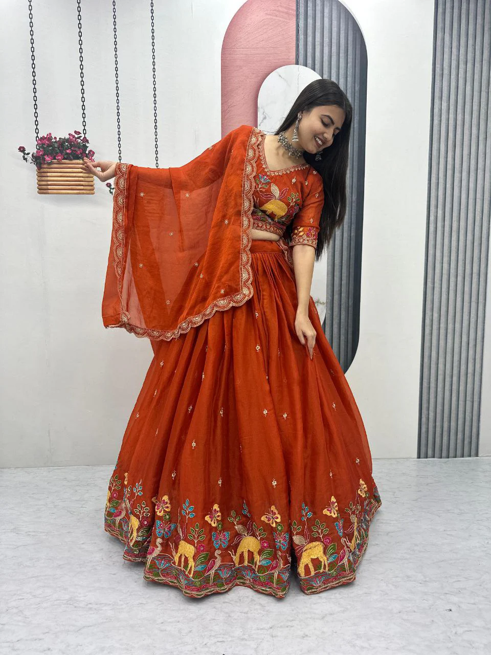 Festive Moss Shimmer Embroidered Lehenga Choli Set with Dupatta - Image 2