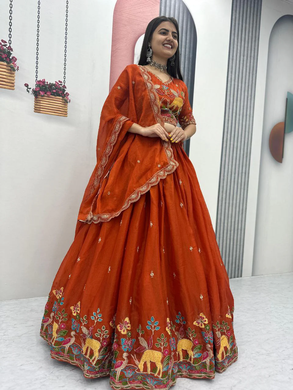 Festive Moss Shimmer Embroidered Lehenga Choli Set with Dupatta - Image 3