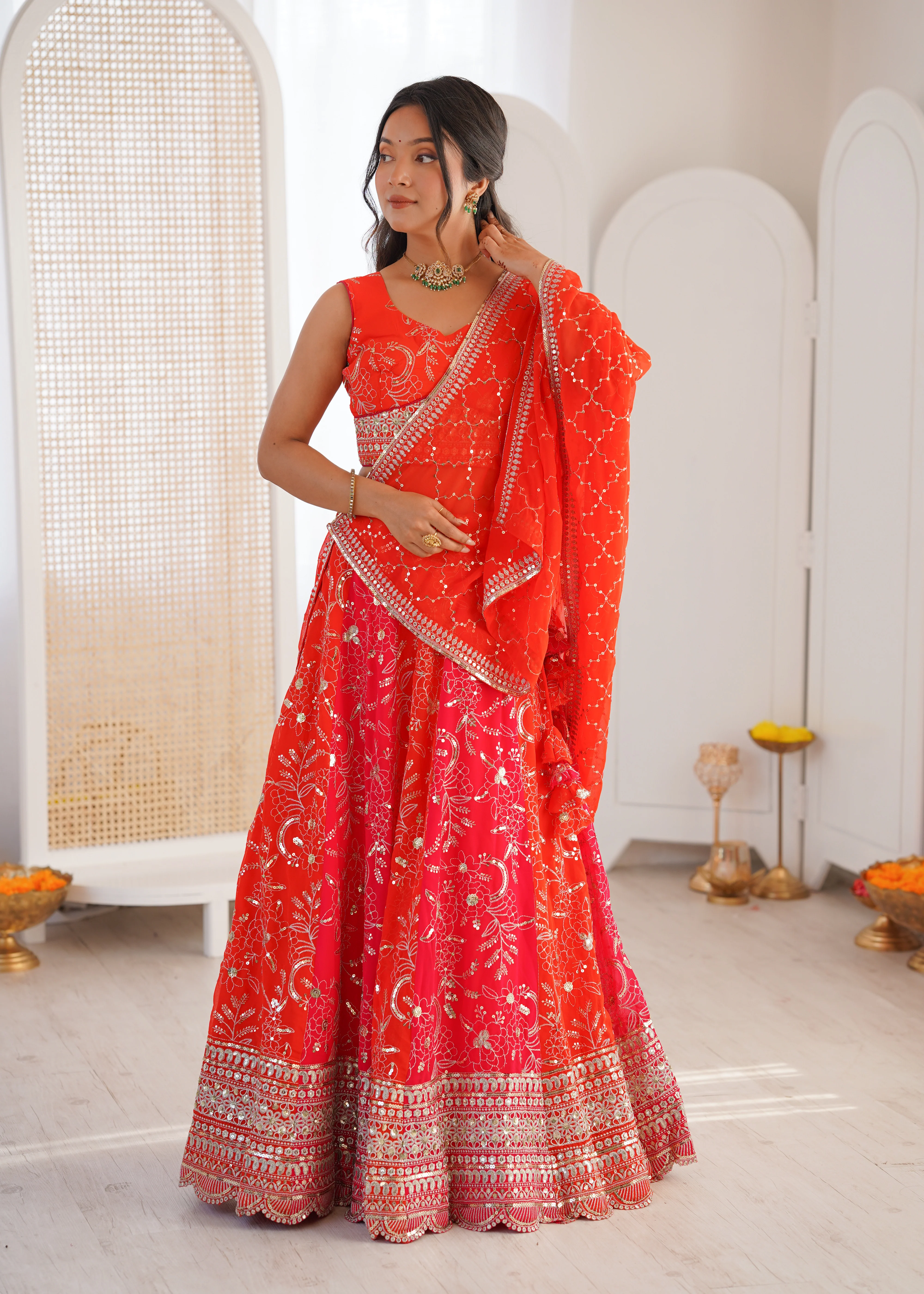 Festive Orange Faux Georgette Embroidery Lehenga Set For Women - Image 2