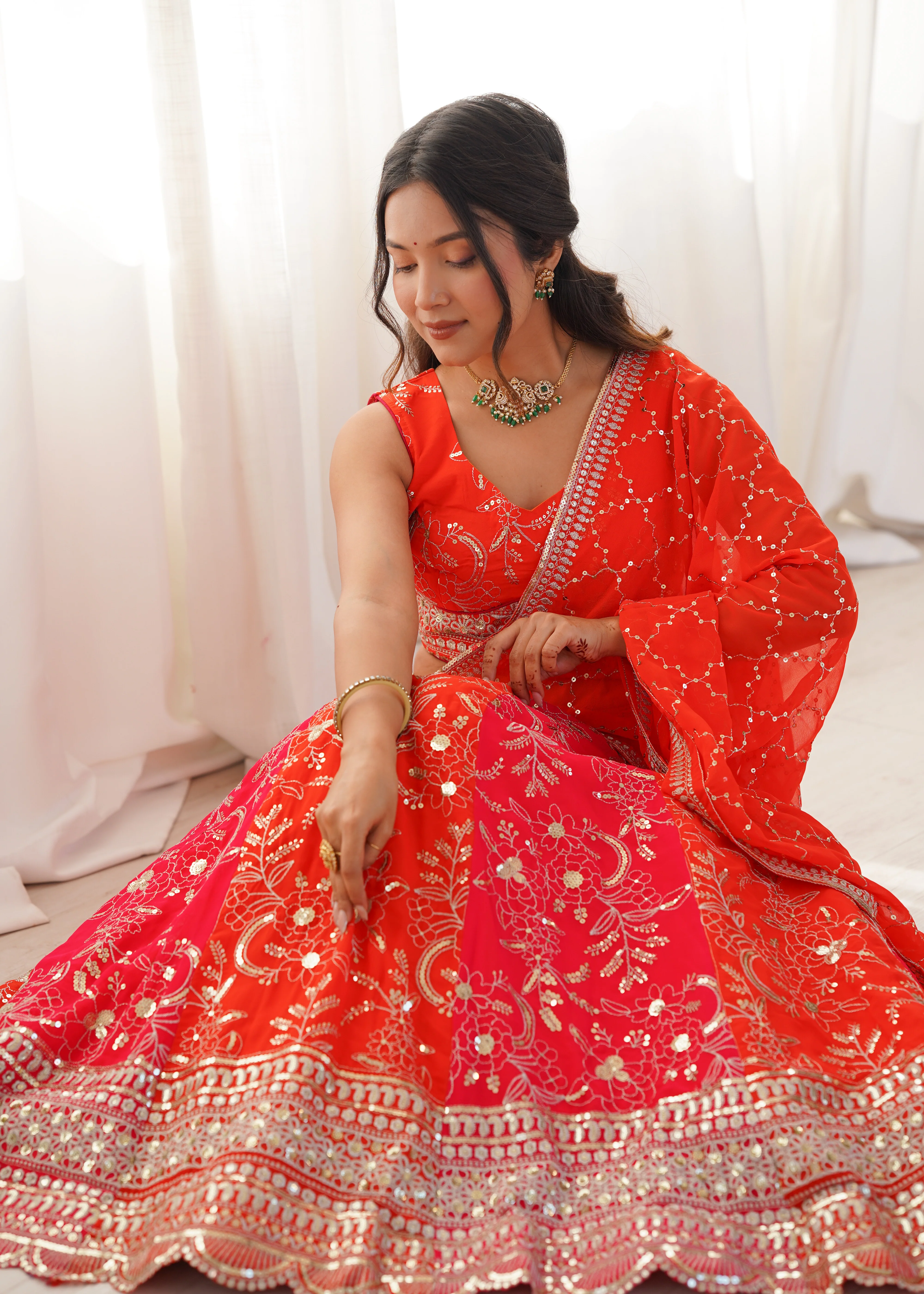 Festive Orange Faux Georgette Embroidery Lehenga Set For Women - Image 3