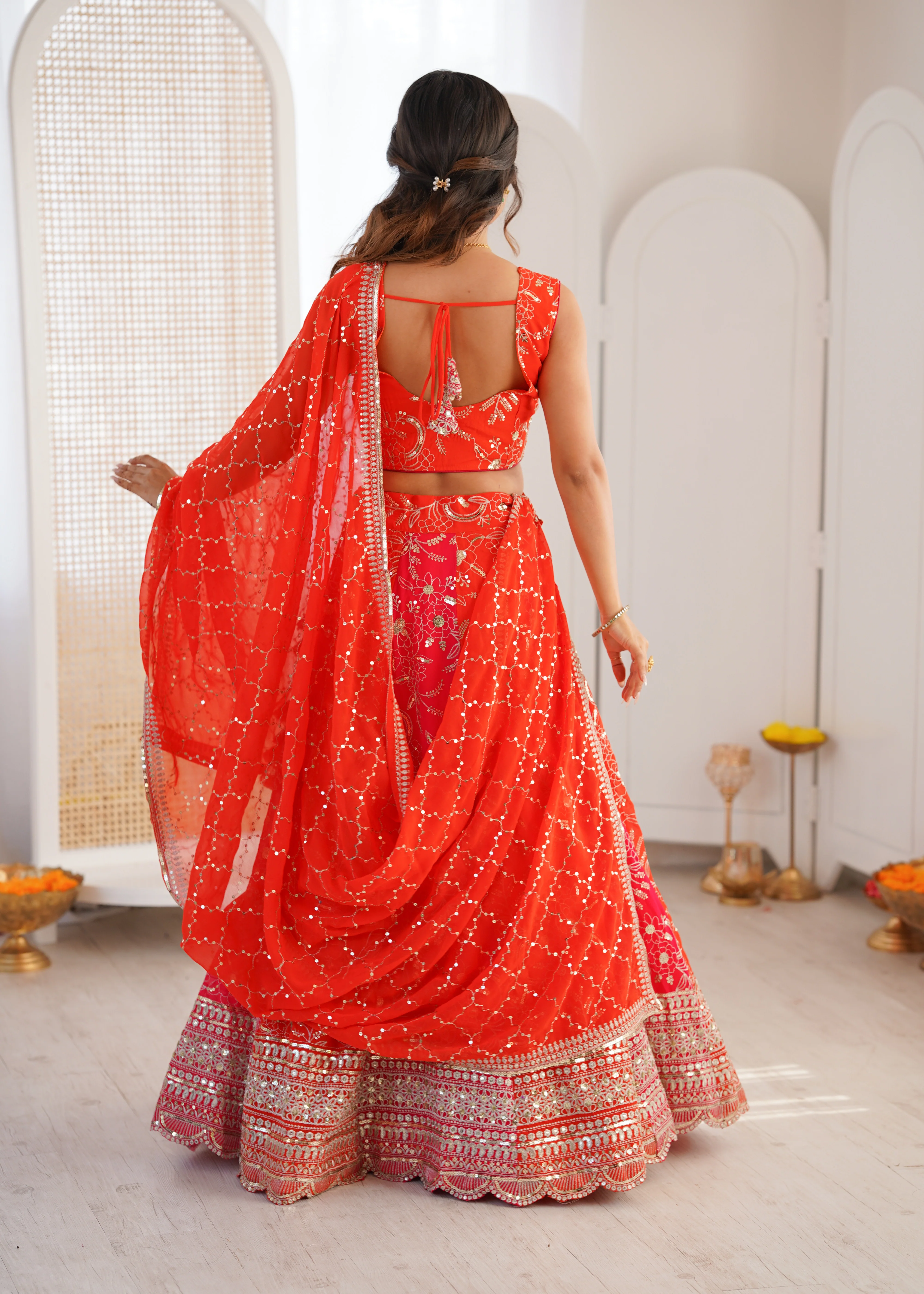 Festive Orange Faux Georgette Embroidery Lehenga Set For Women - Image 5