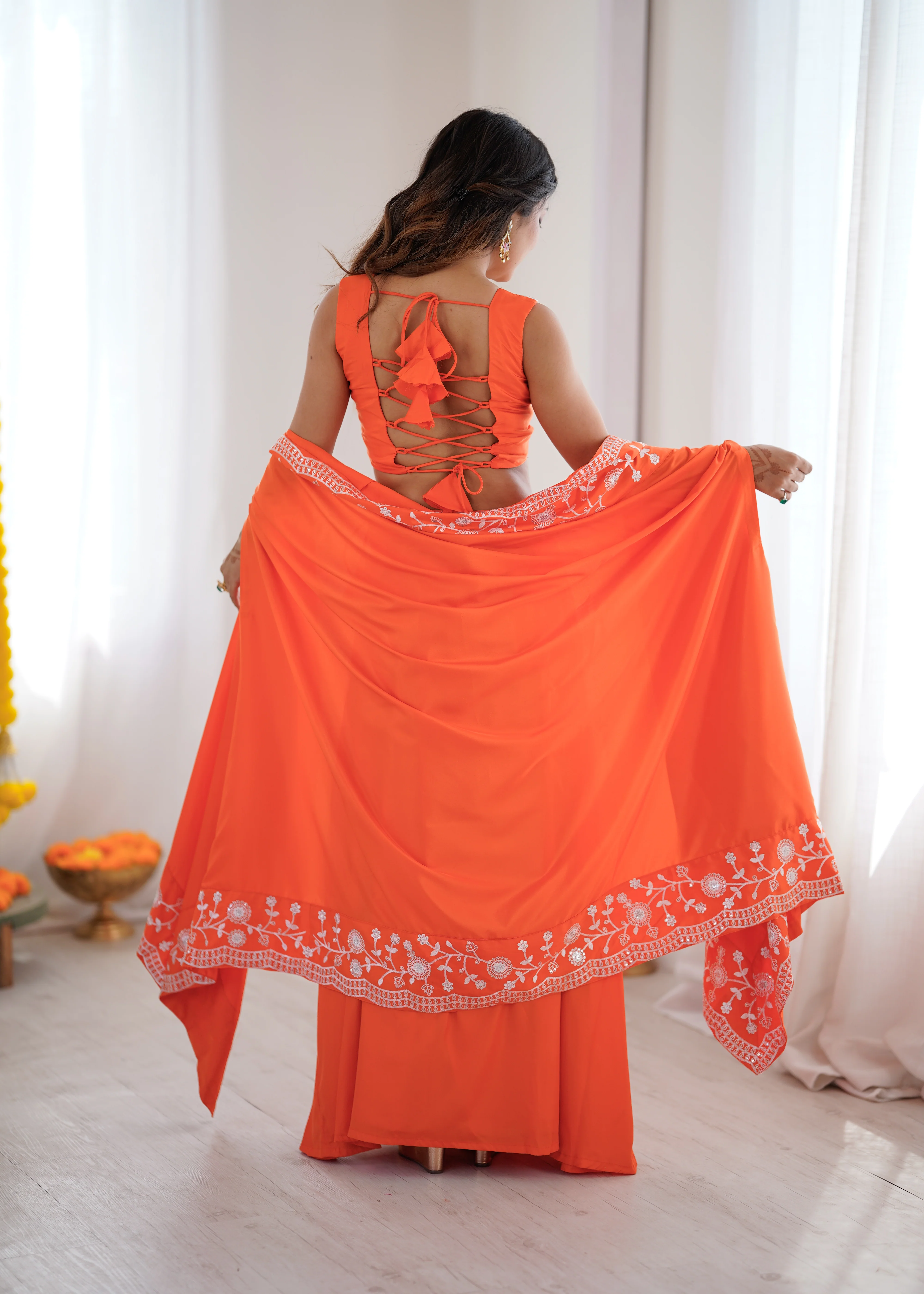 Festive Special Orange French Crepe Thread & Sequence Work Western Dhoti Set - Image 5