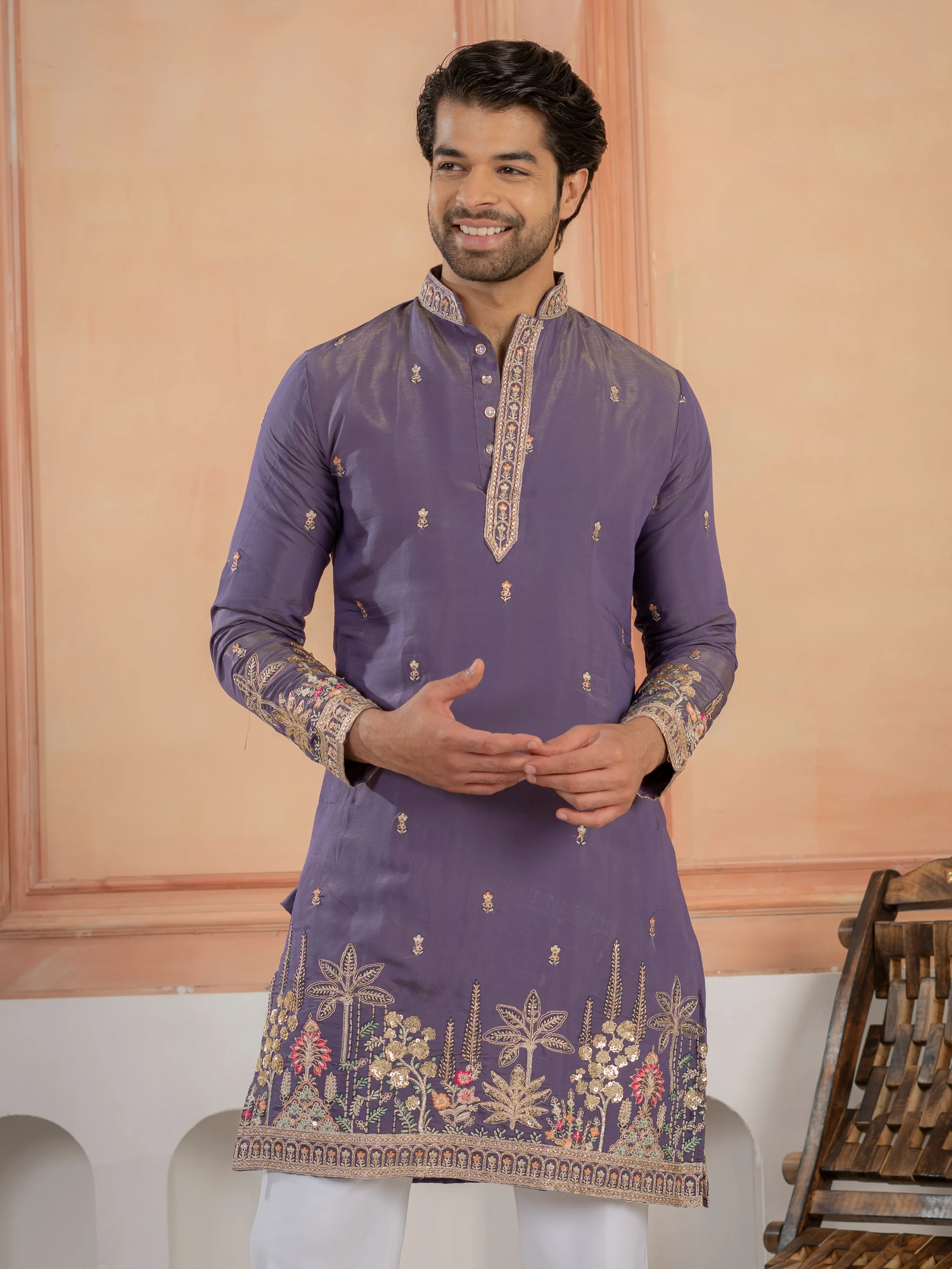 Festive Special Purple Roman Shimmer Embroidery Work Kurta Set - Image 2