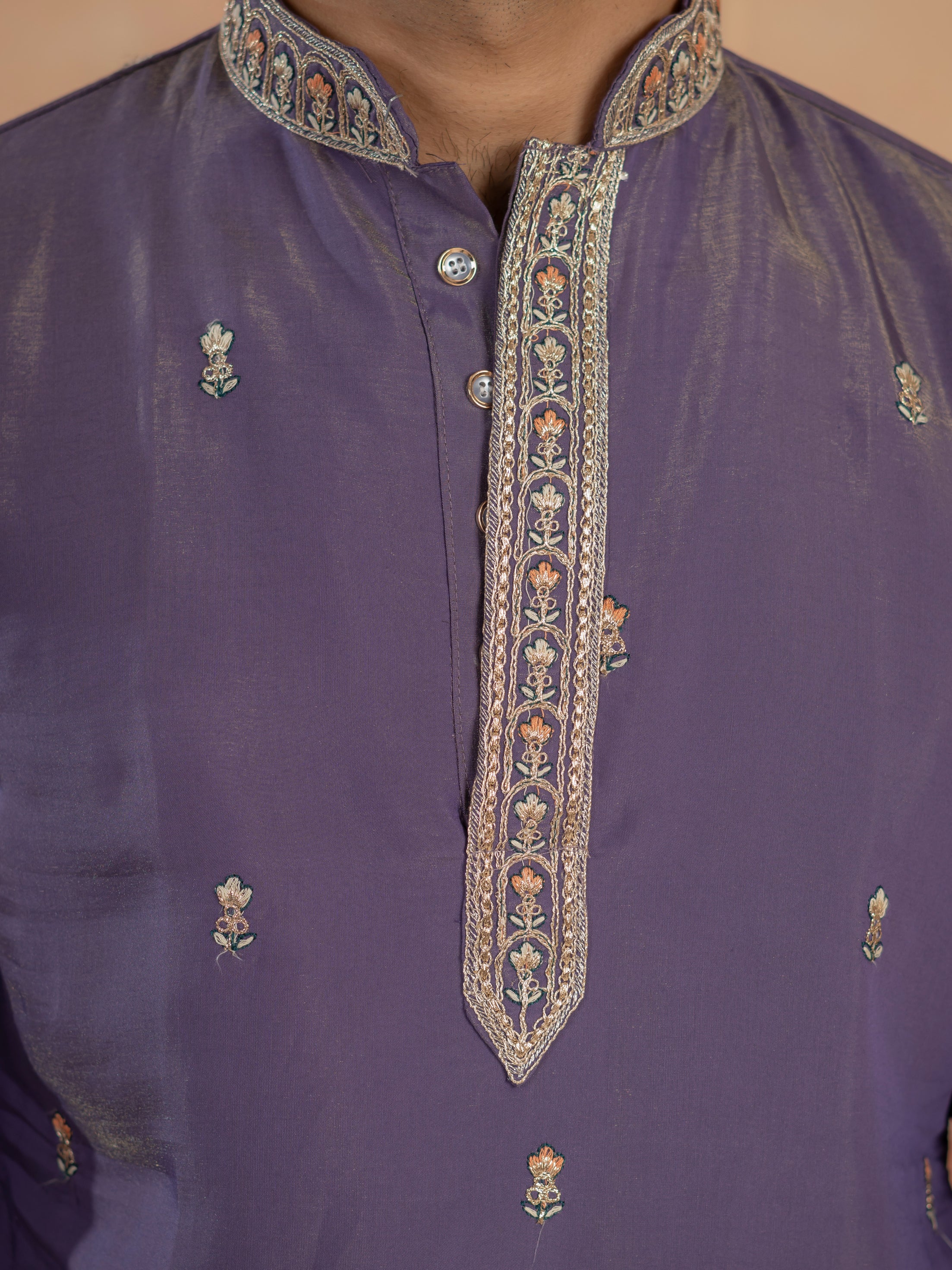 Festive Special Purple Roman Shimmer Embroidery Work Kurta Set - Image 3