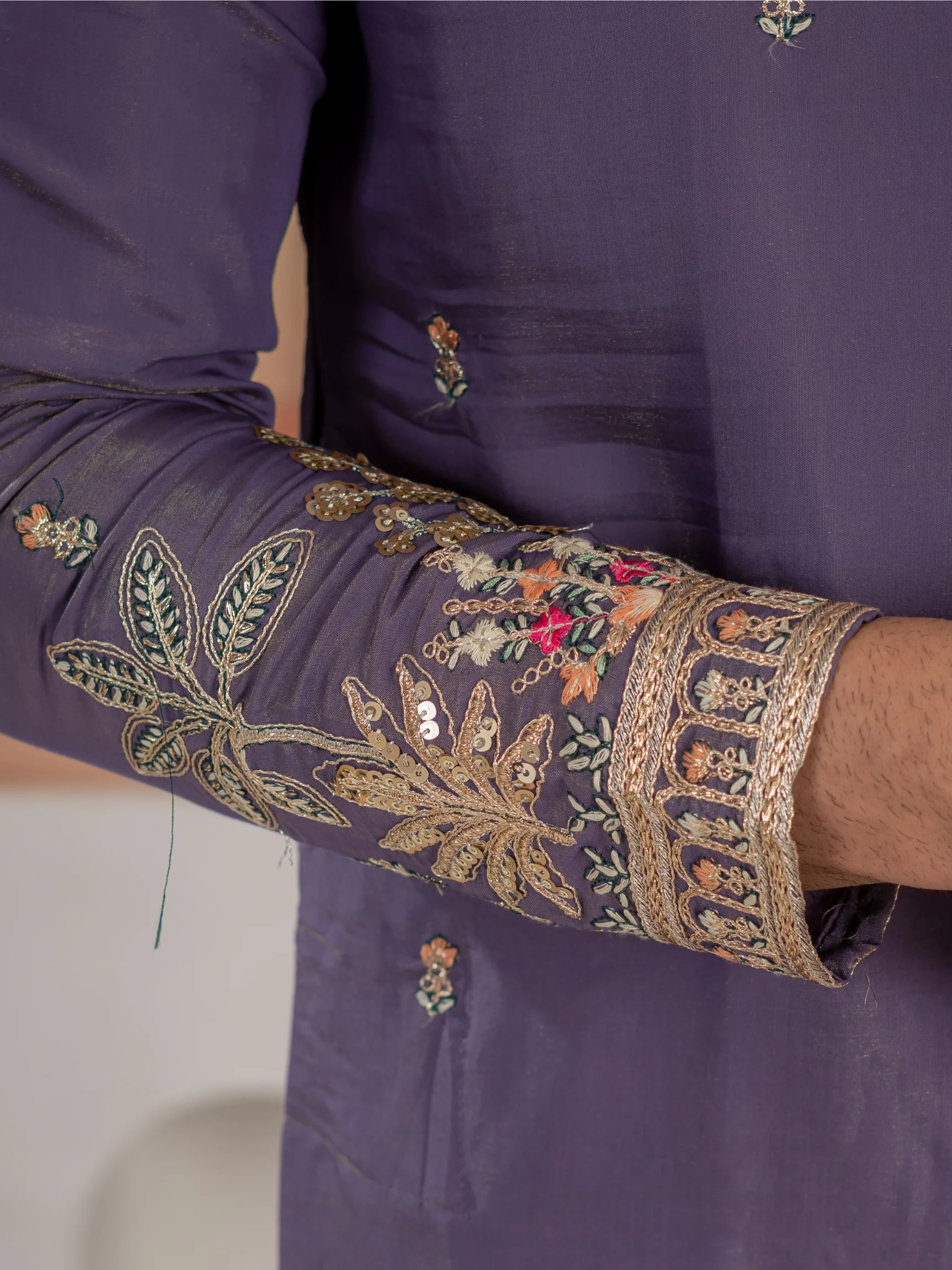 Festive Special Purple Roman Shimmer Embroidery Work Kurta Set - Image 4