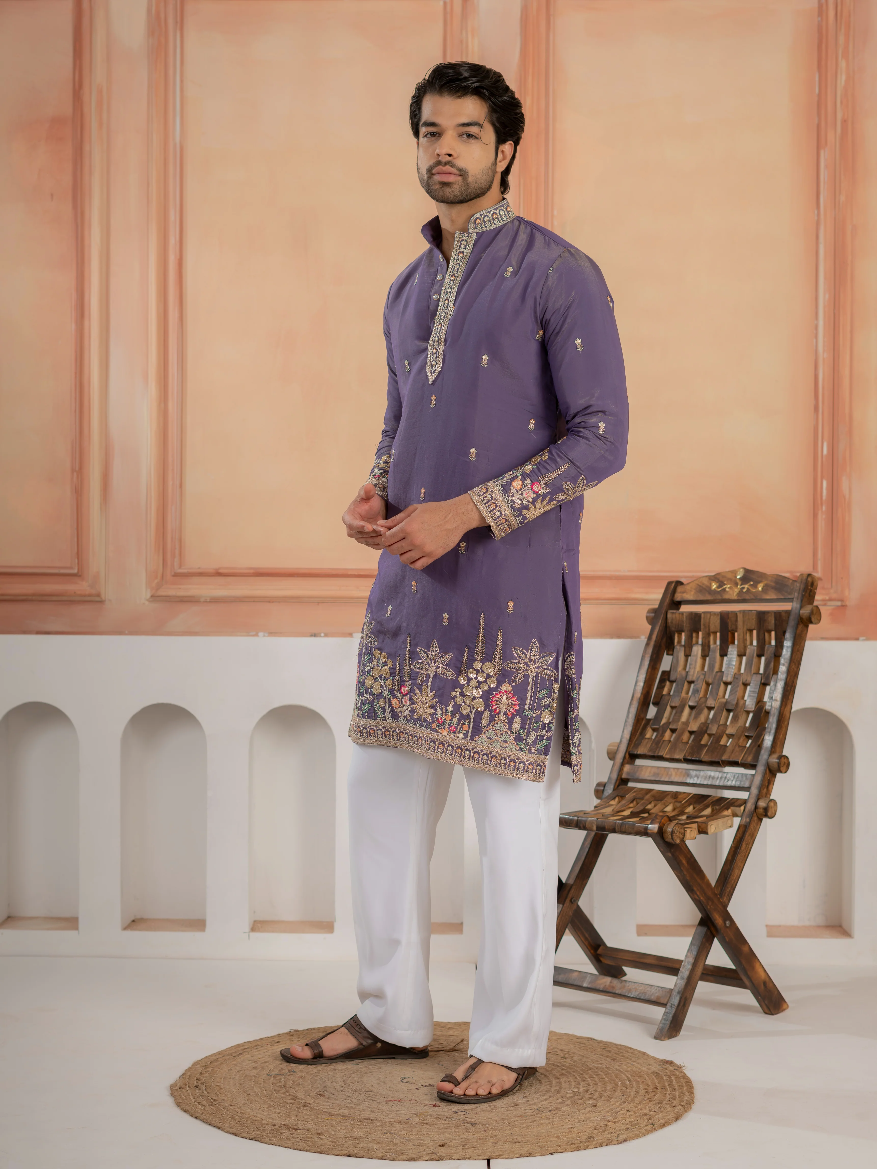 Festive Special Purple Roman Shimmer Embroidery Work Kurta Set - Image 6