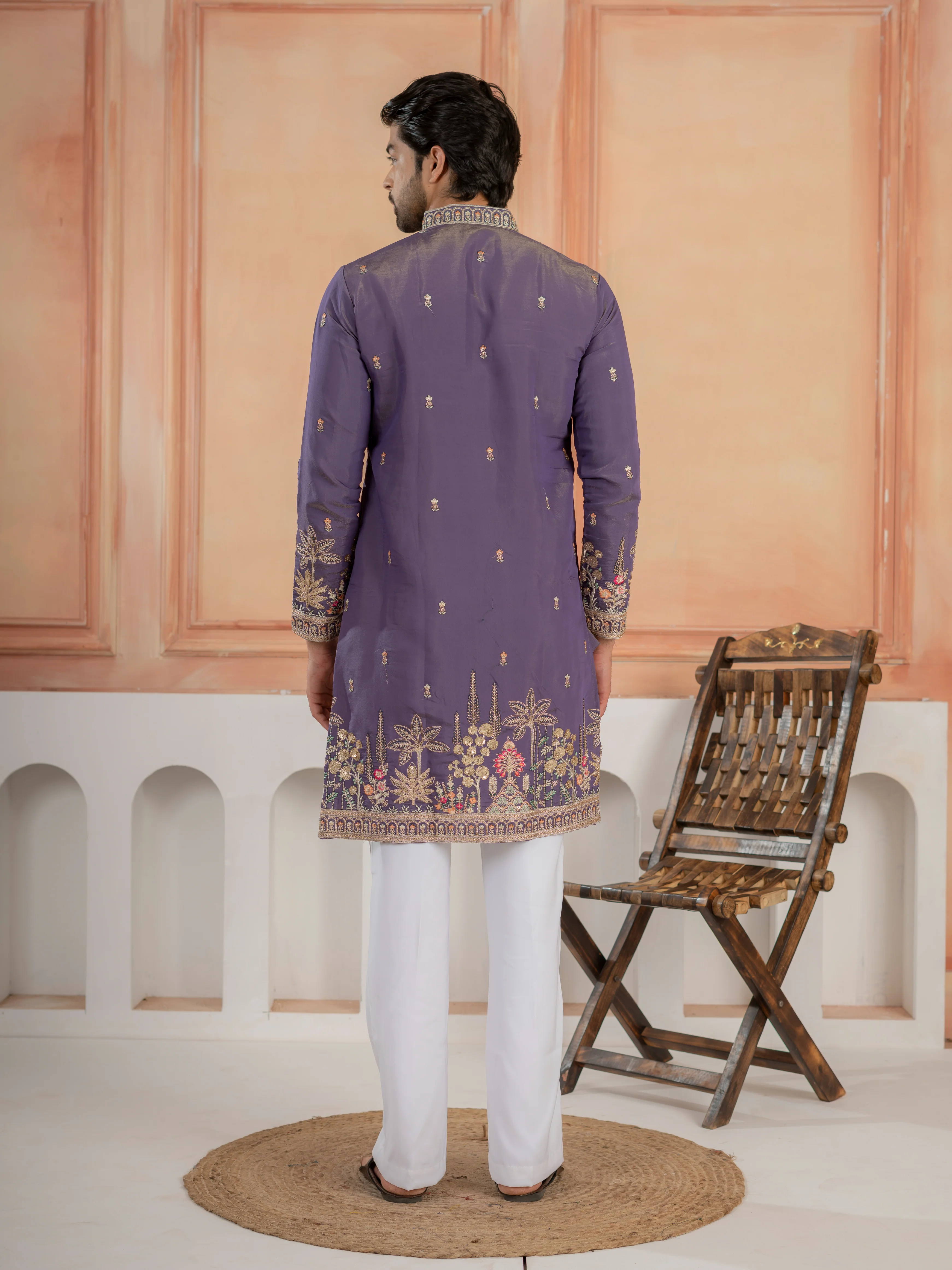 Festive Special Purple Roman Shimmer Embroidery Work Kurta Set - Image 7