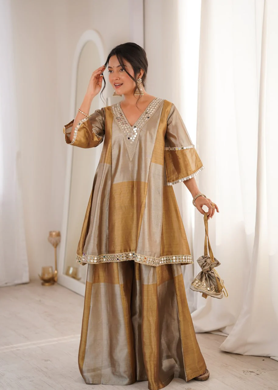 Festive Two-Tone Tissue Mirror Work Kurti Pant Set with Batwa