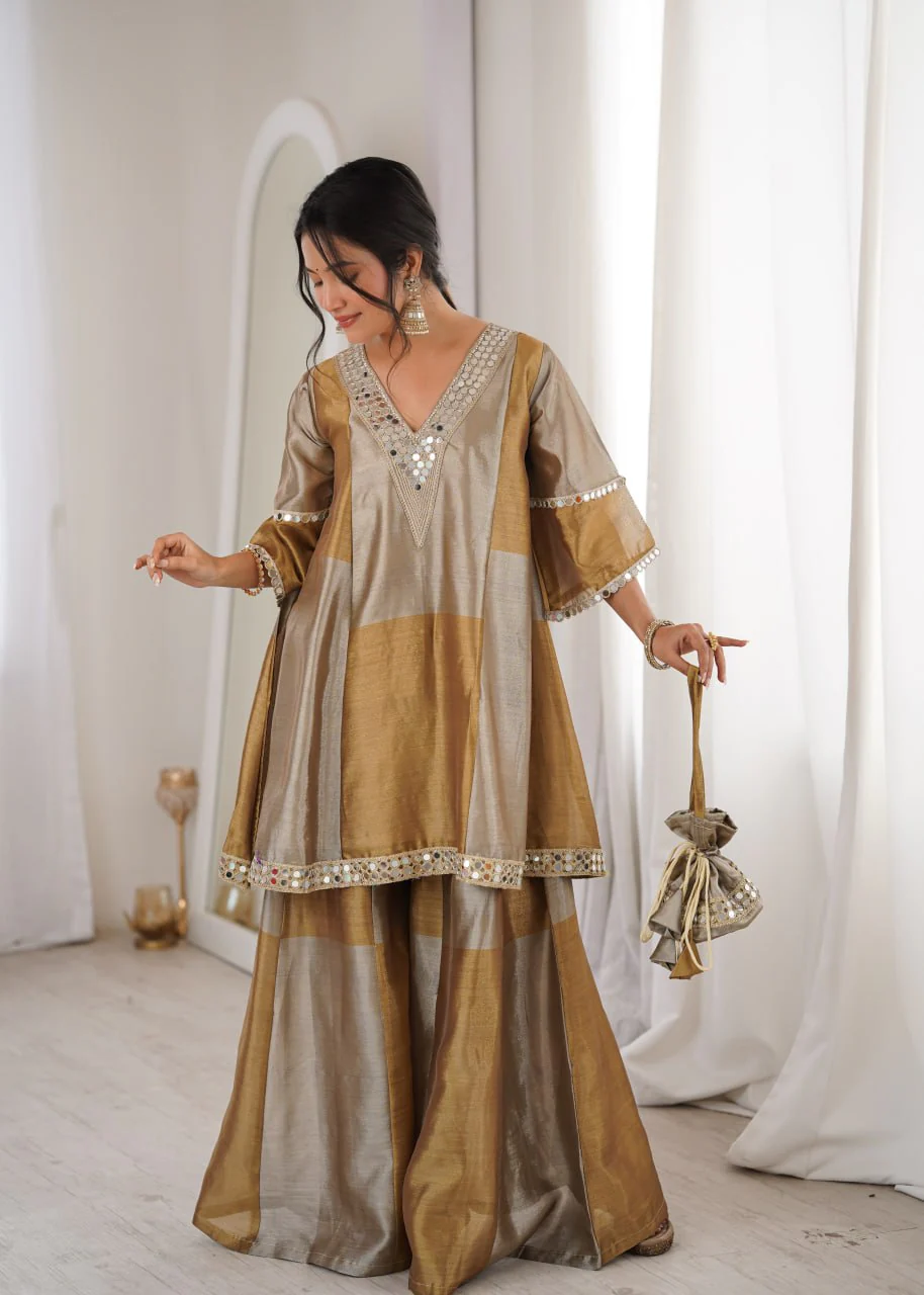 Festive Two-Tone Tissue Mirror Work Kurti Pant Set with Batwa - Image 3