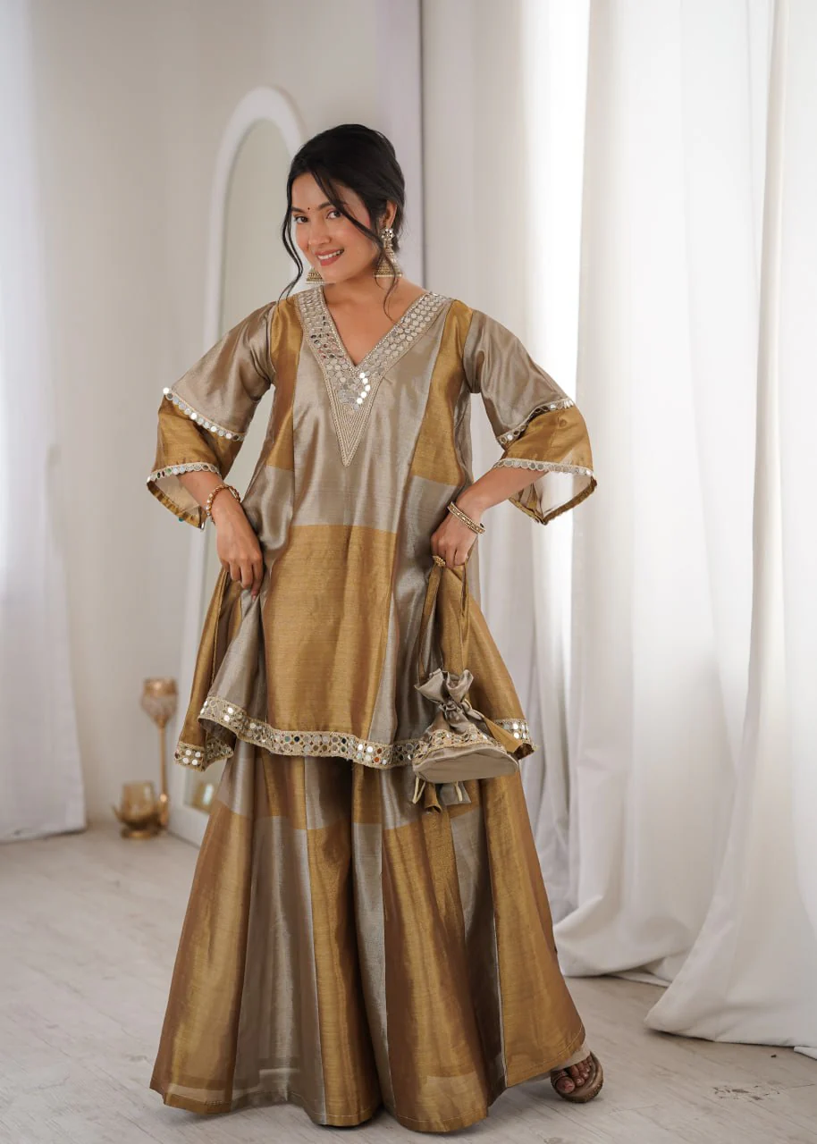 Festive Two-Tone Tissue Mirror Work Kurti Pant Set with Batwa - Image 4