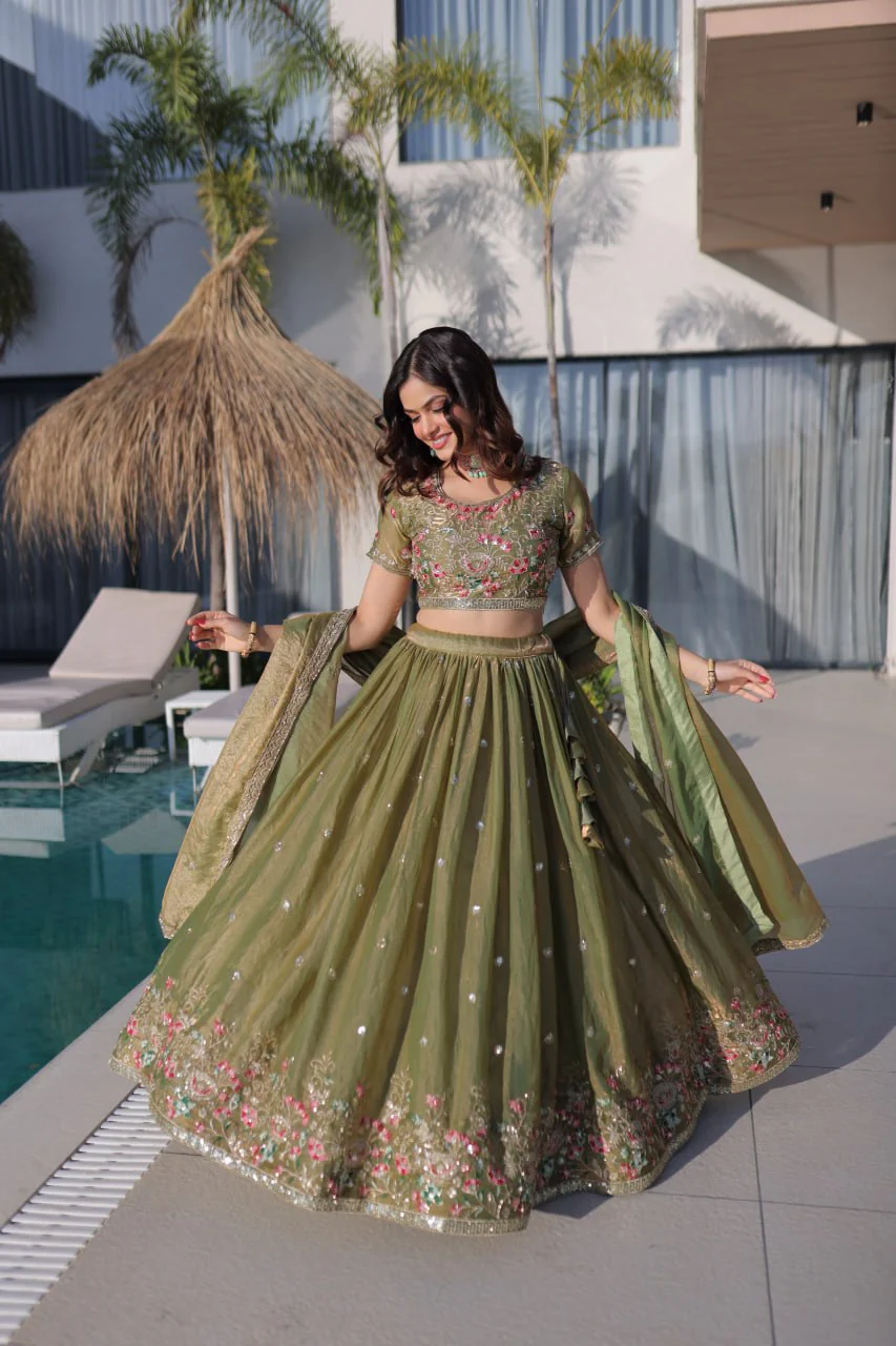 Festive Wear Fendi Silk Designer Lehenga Set with Embroidered Dupatta - Image 9