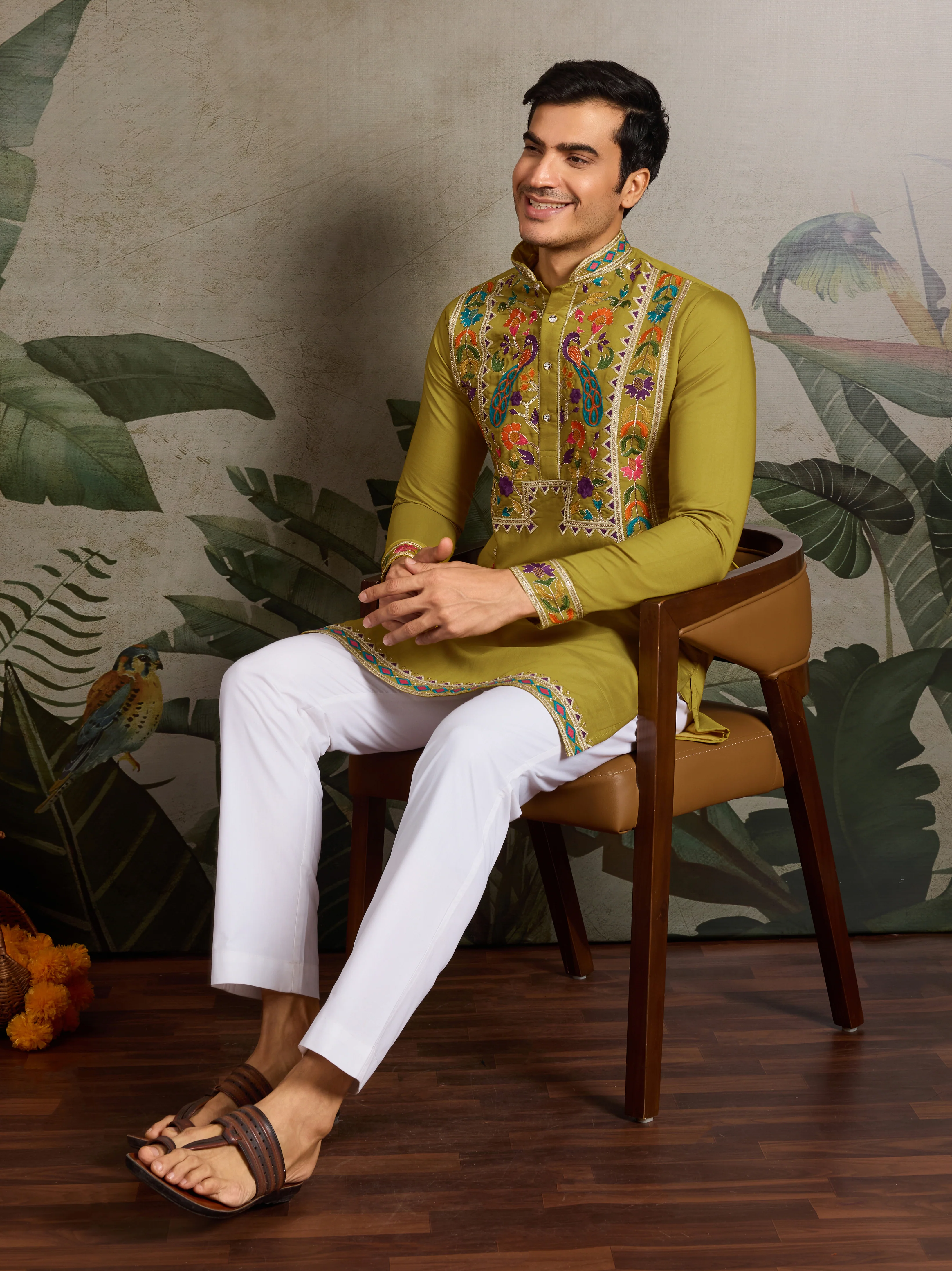 Festive Wear Flourescent Green Embroidered Kurta for Men - Image 3