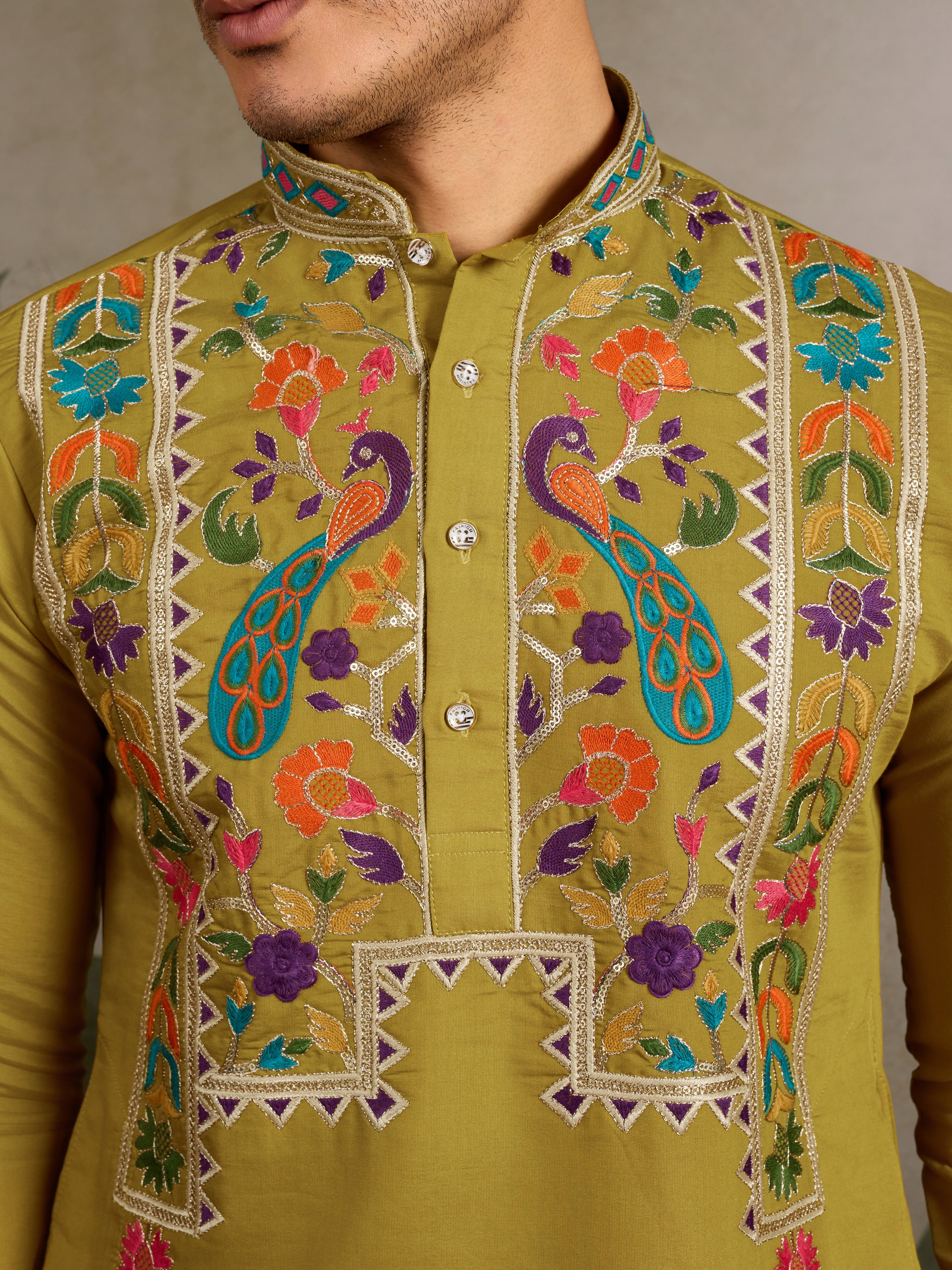 Festive Wear Flourescent Green Embroidered Kurta for Men - Image 4