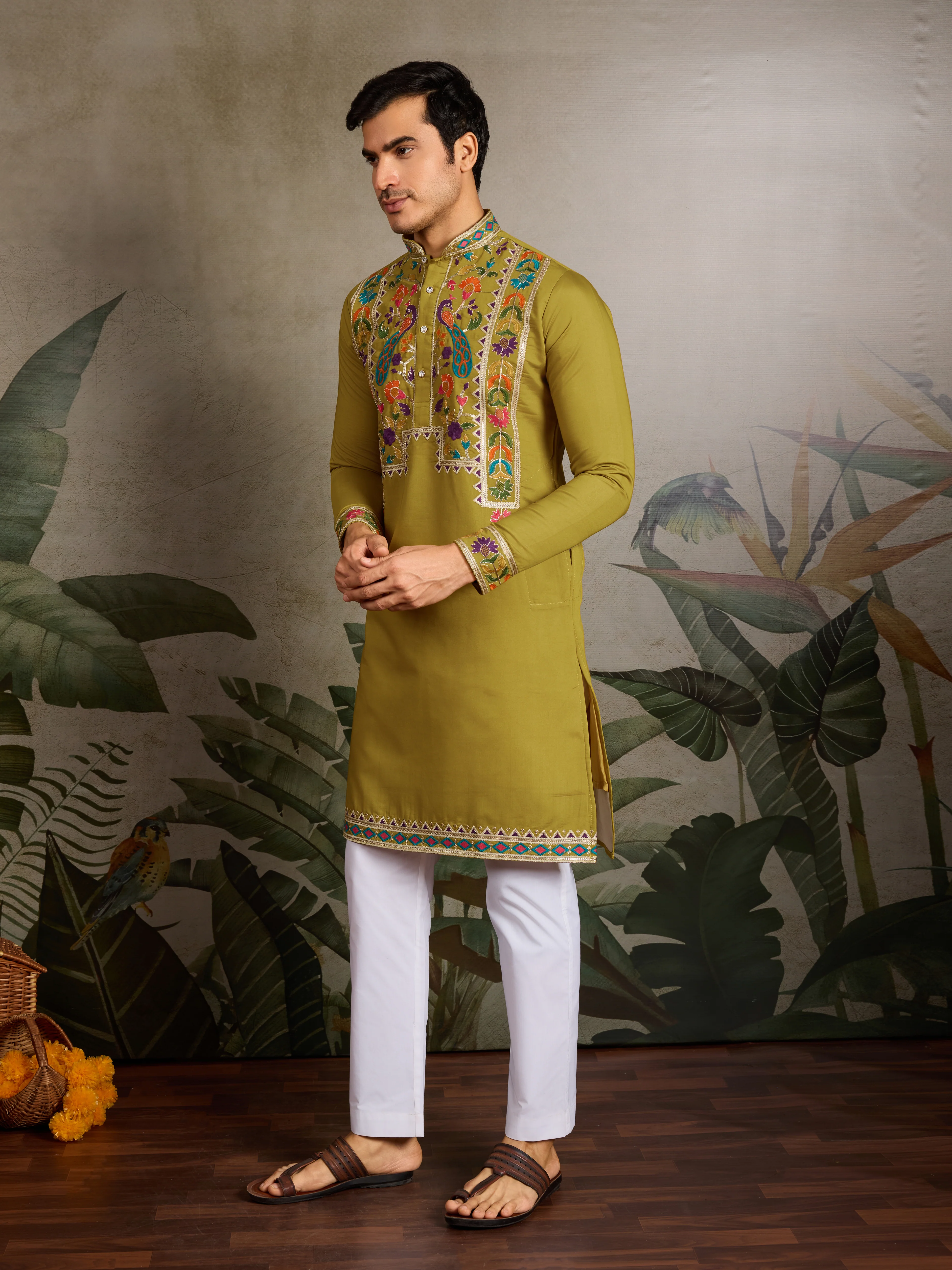 Festive Wear Flourescent Green Embroidered Kurta for Men - Image 6