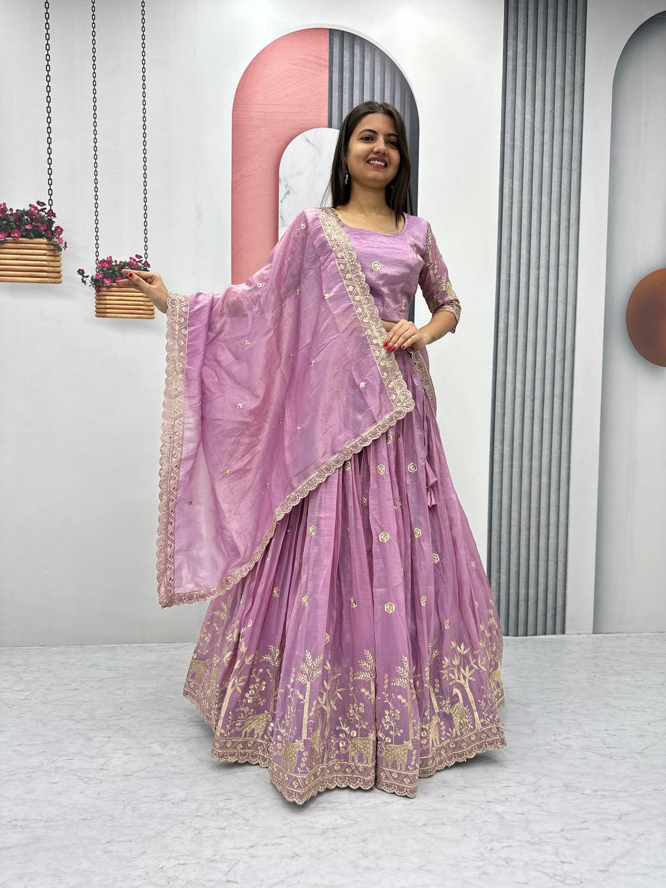 Festive Wear Pure Gold Crush Silk Embroidery Thread & Sequence Work Ready to Wear Lehenga Choli - Image 2