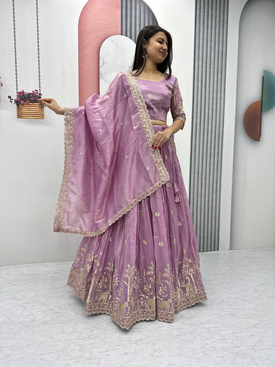 Festive Wear Pure Gold Crush Silk Embroidery Thread & Sequence Work Ready to Wear Lehenga Choli - Image 3