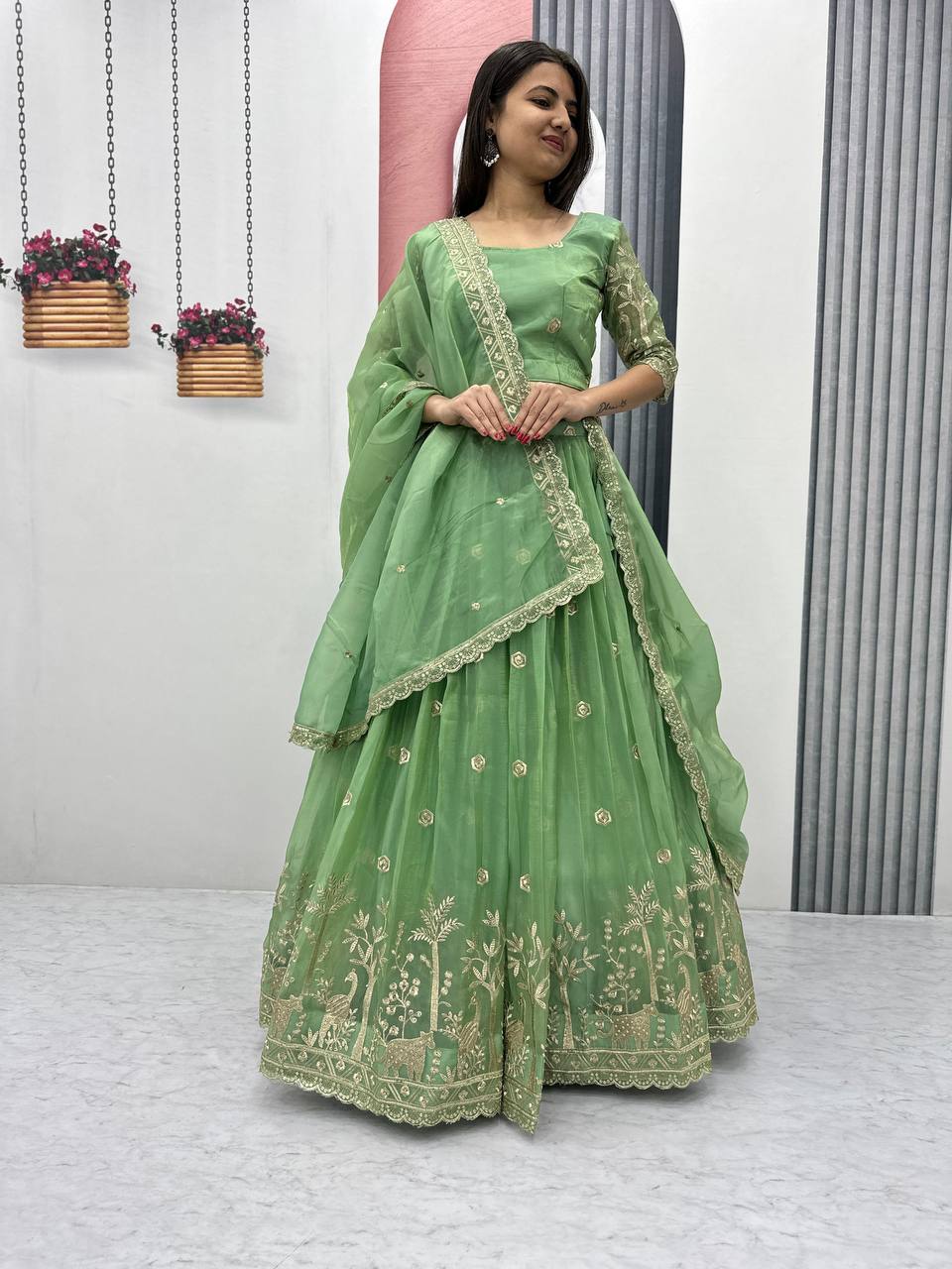 Festive Wear Pure Gold Crush Silk Embroidery Thread & Sequence Work Ready to Wear Lehenga Choli - Image 6