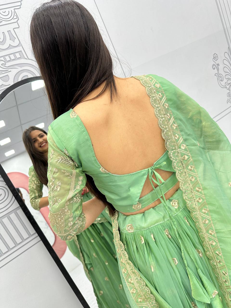 Festive Wear Pure Gold Crush Silk Embroidery Thread & Sequence Work Ready to Wear Lehenga Choli - Image 9
