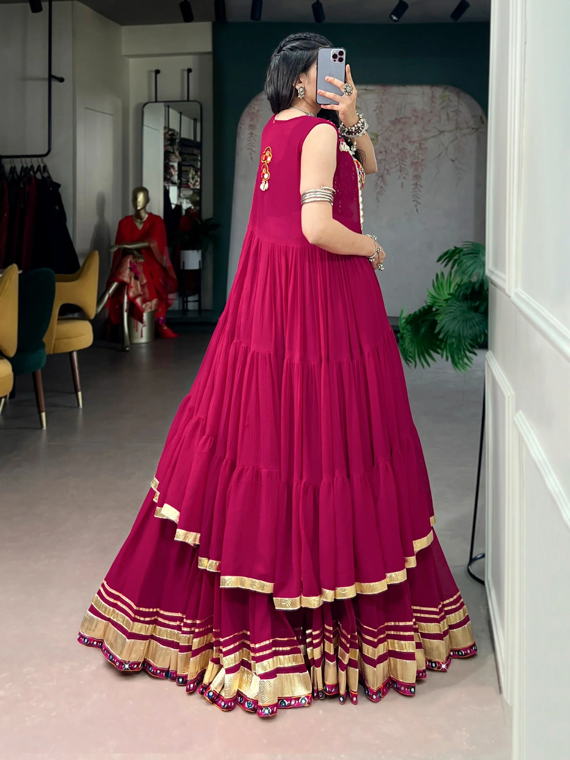 Festive Wear Rani Pink Gamthi Work Lehenga Choli Set with Long Koti Style - Image 5