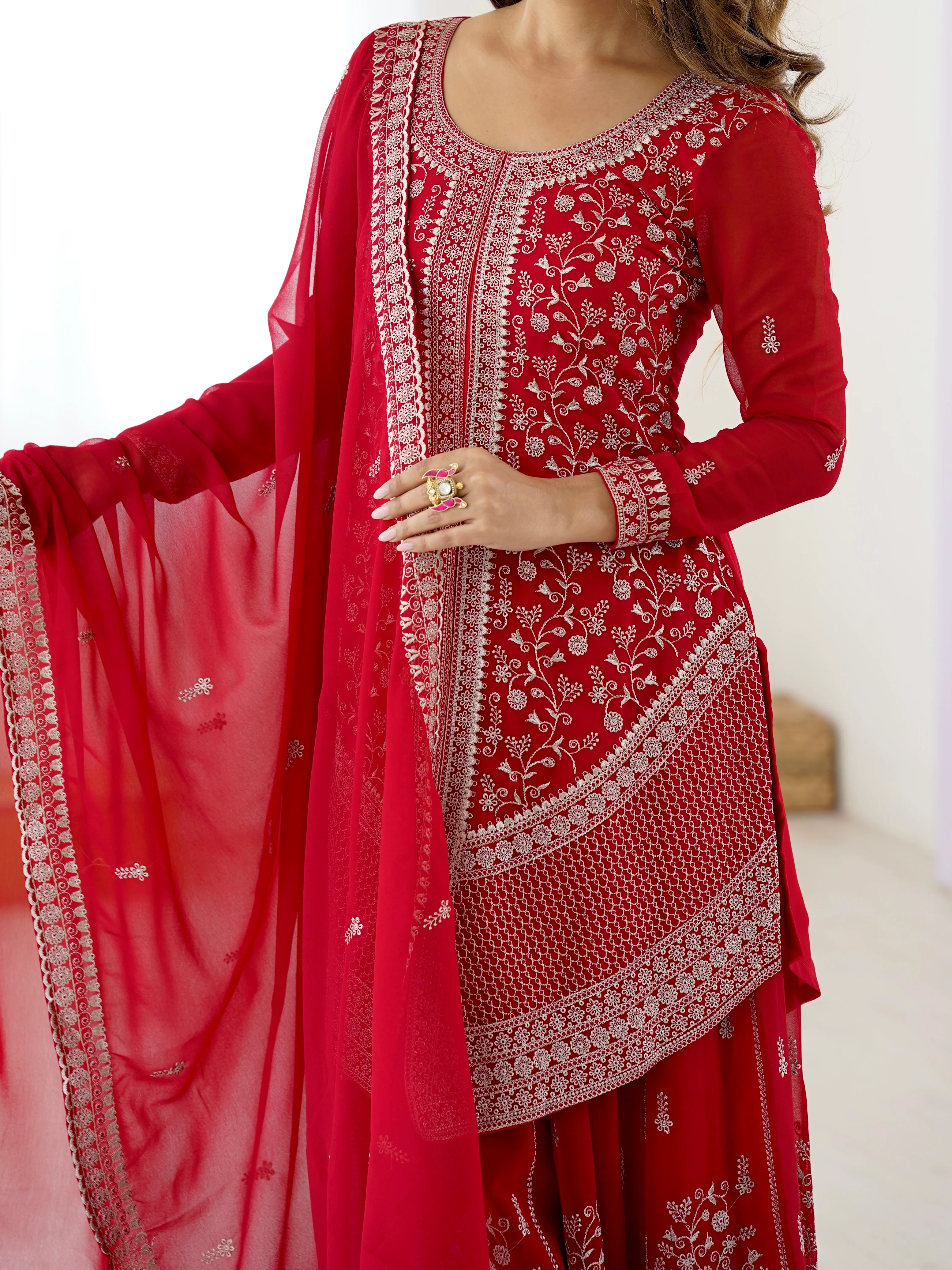 Festive Wear Red Faux Georgette Designer Top with Plazo and Dupatta - Image 3