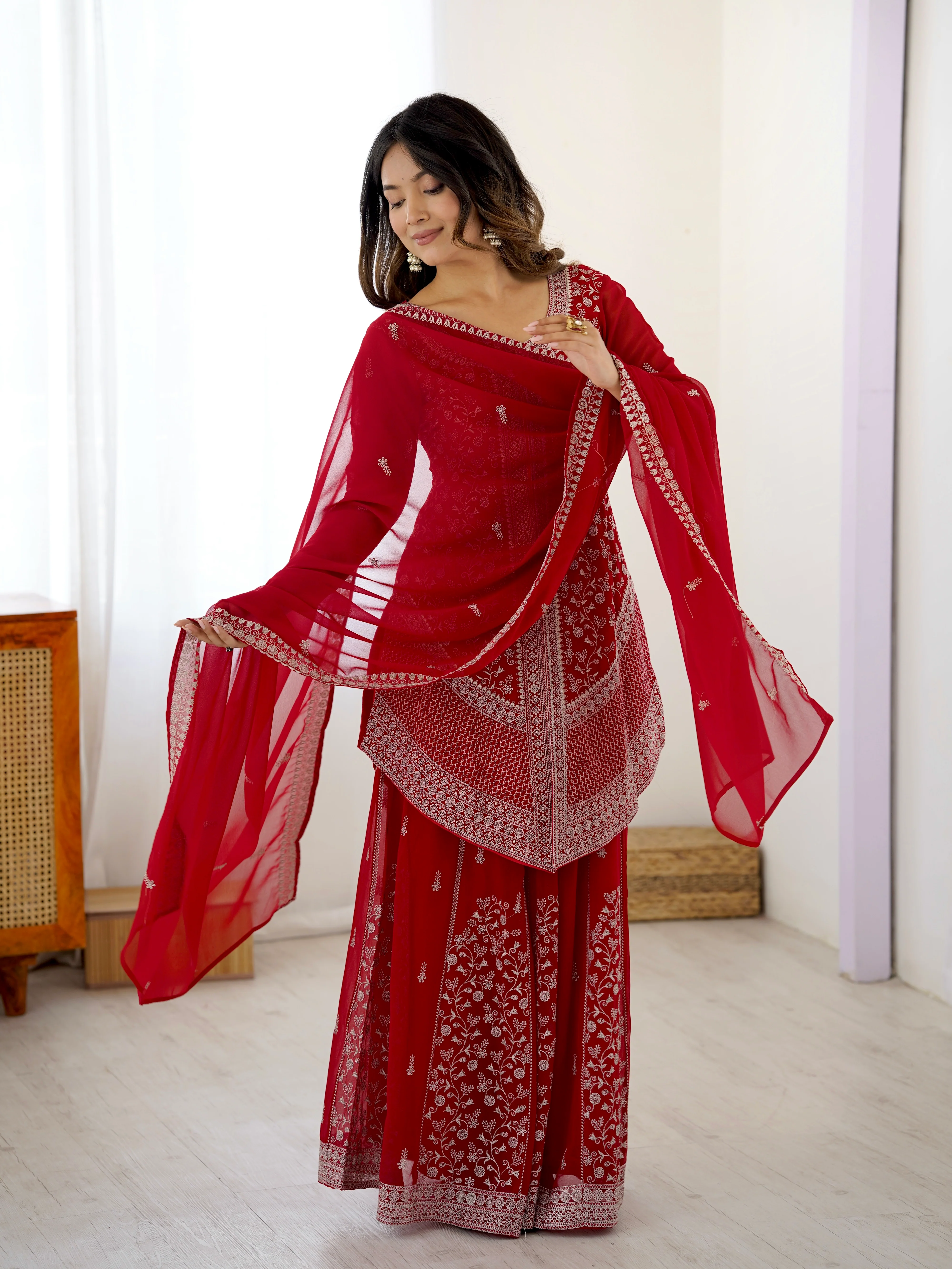 Festive Wear Red Faux Georgette Designer Top with Plazo and Dupatta - Image 4