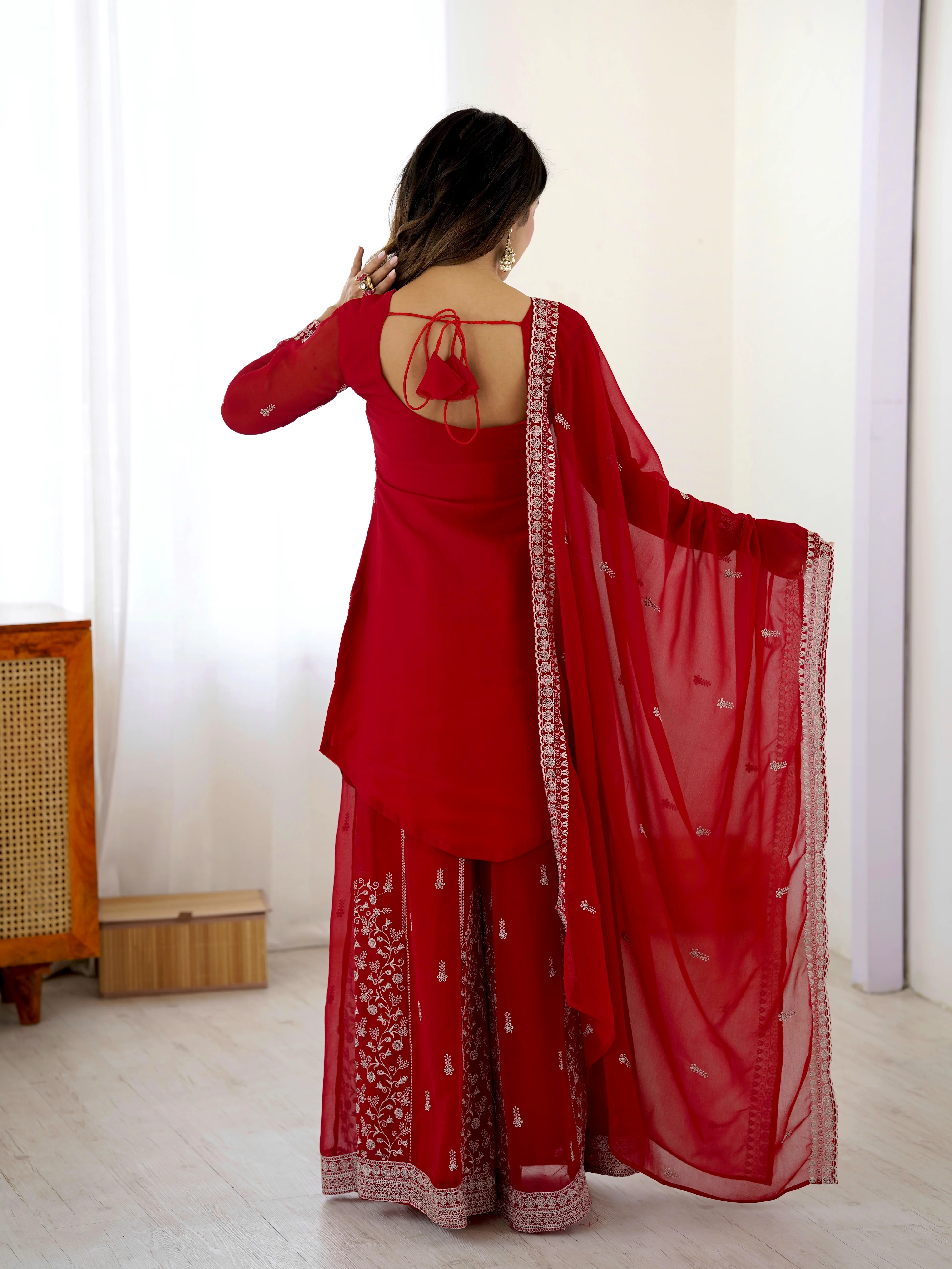 Festive Wear Red Faux Georgette Designer Top with Plazo and Dupatta - Image 5