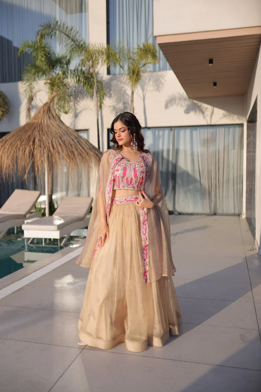 Festive Wear Sindur Silk Beads Embroidery Lehenga Choli with Shrug Set - Image 2