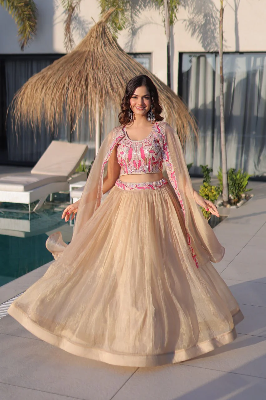 Festive Wear Sindur Silk Beads Embroidery Lehenga Choli with Shrug Set - Image 3