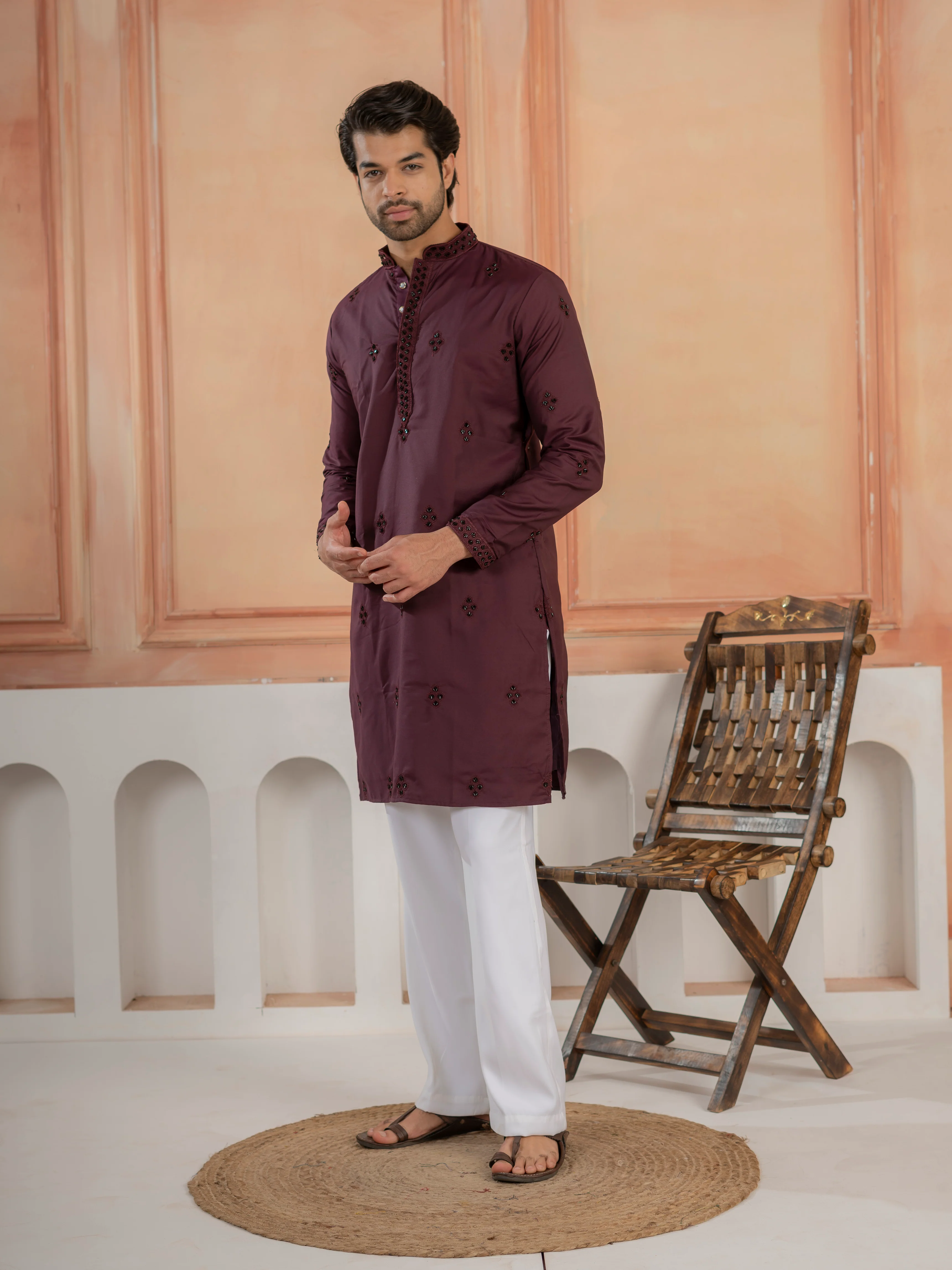 Festive Wine Soft Cotton Val-Moti Butta Work Mens Kurta Set - Image 5