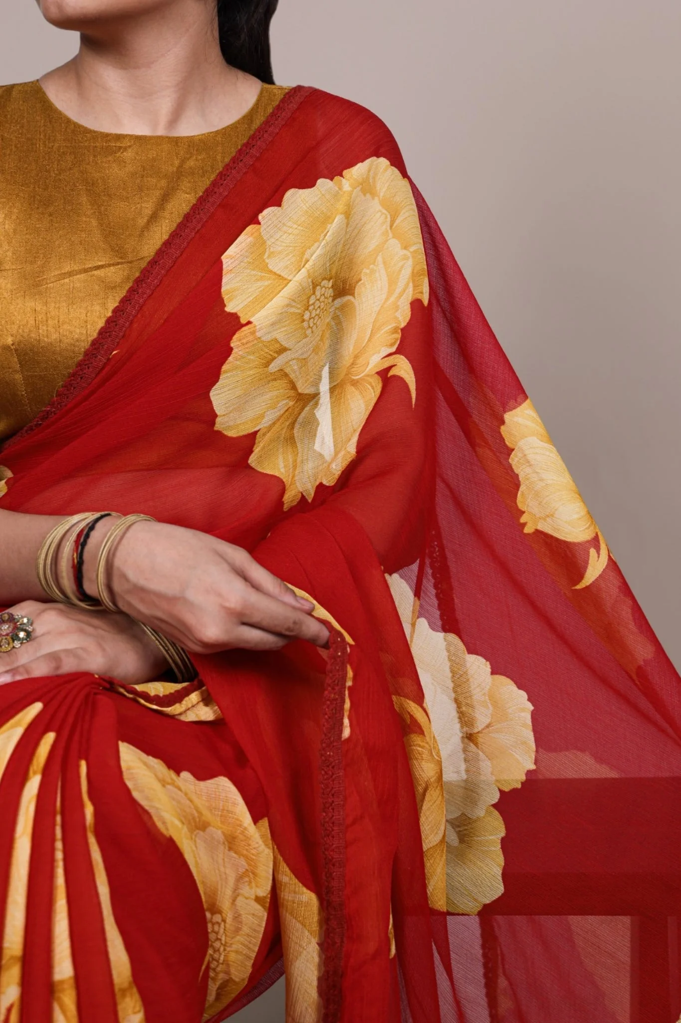 Floral Chiffon Saree With Lace Border Explore Acriine Ethnic Collection - Image 10