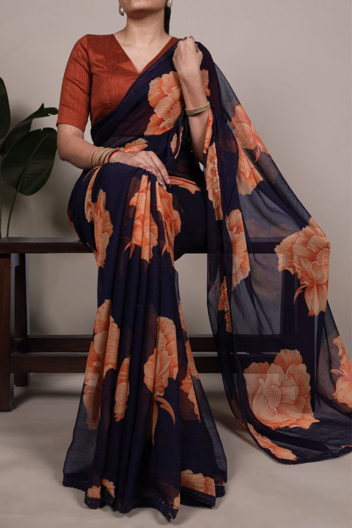 Floral Chiffon Saree With Lace Border Explore Acriine Ethnic Collection - Image 11