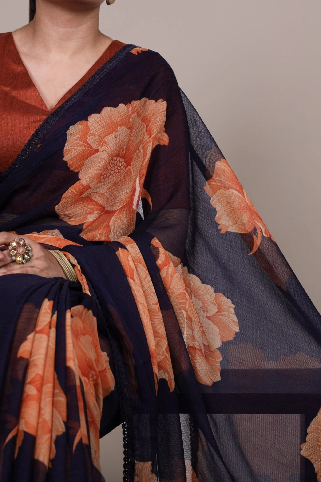Floral Chiffon Saree With Lace Border Explore Acriine Ethnic Collection - Image 12