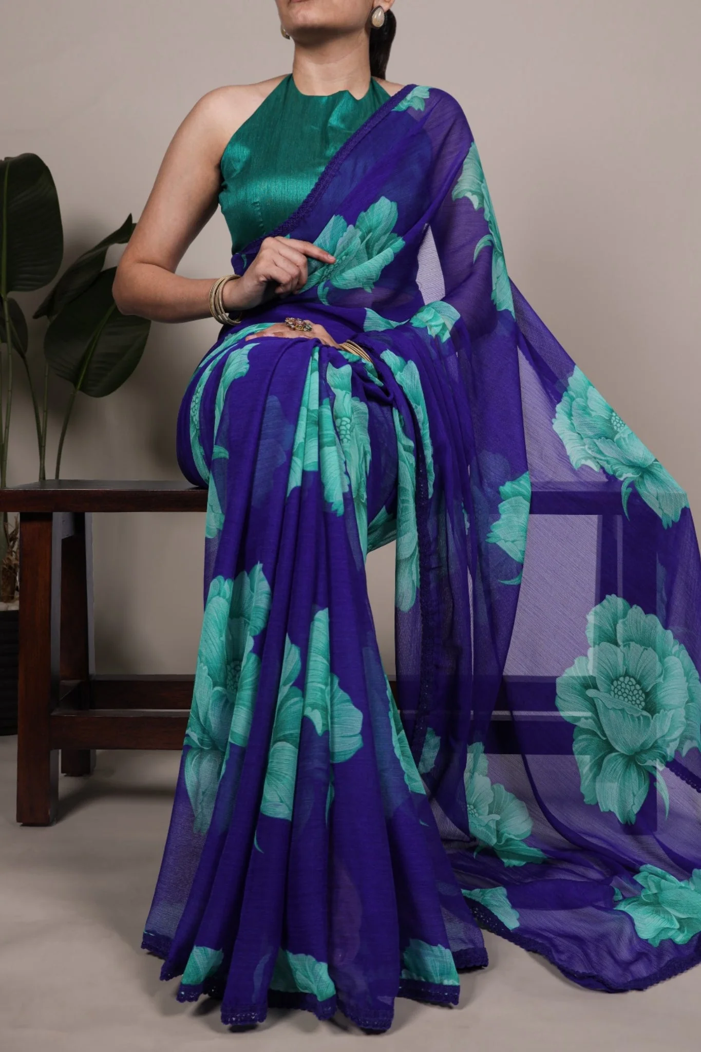 Floral Chiffon Saree With Lace Border Explore Acriine Ethnic Collection - Image 5