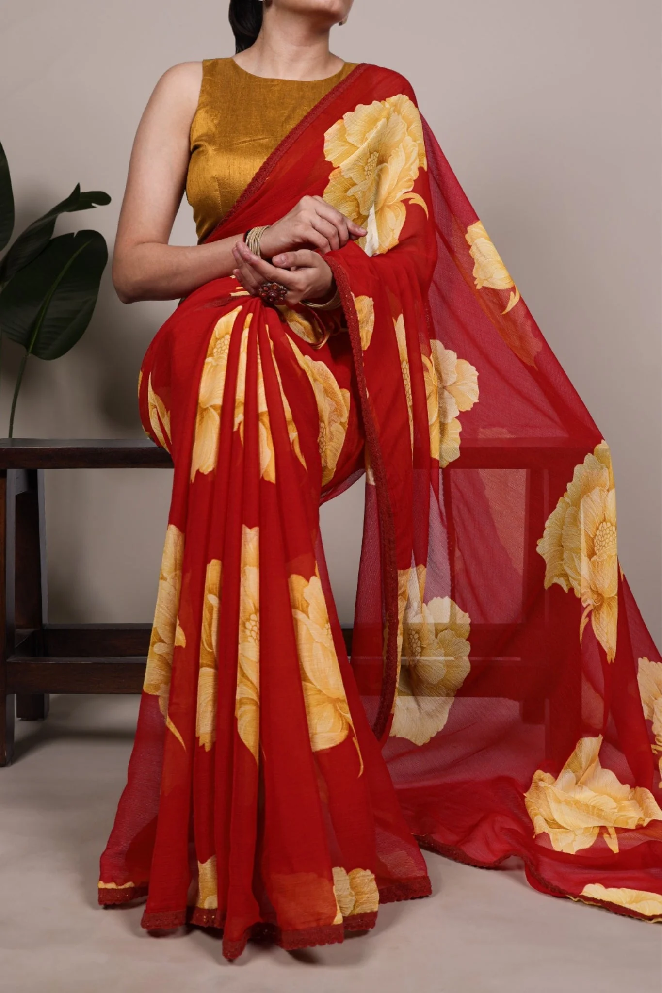 Floral Chiffon Saree With Lace Border Explore Acriine Ethnic Collection - Image 9