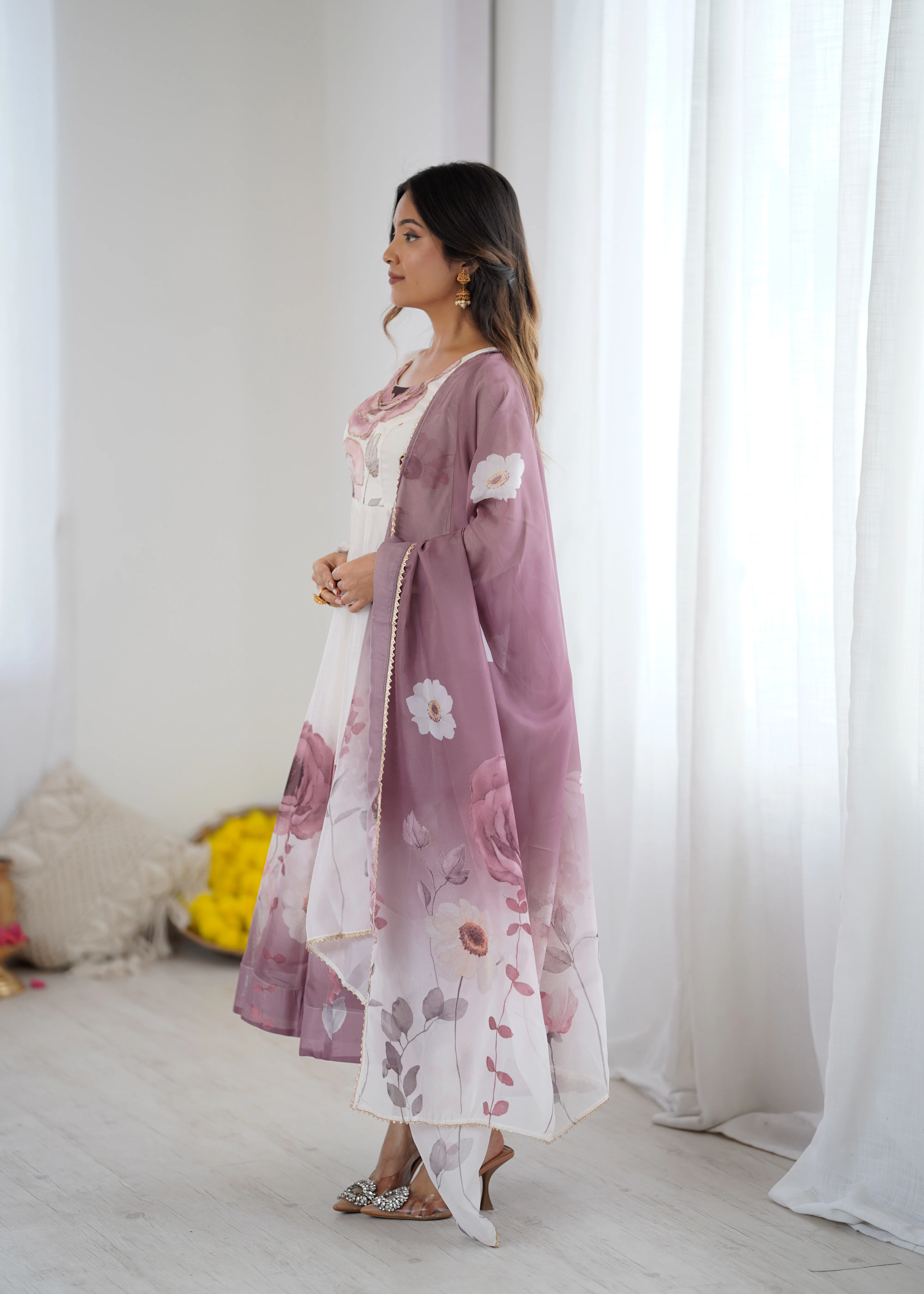 Floral Pure Soft Tabby Organza Silk Three Piece Anarkali Suit - Onion Pink - Image 6