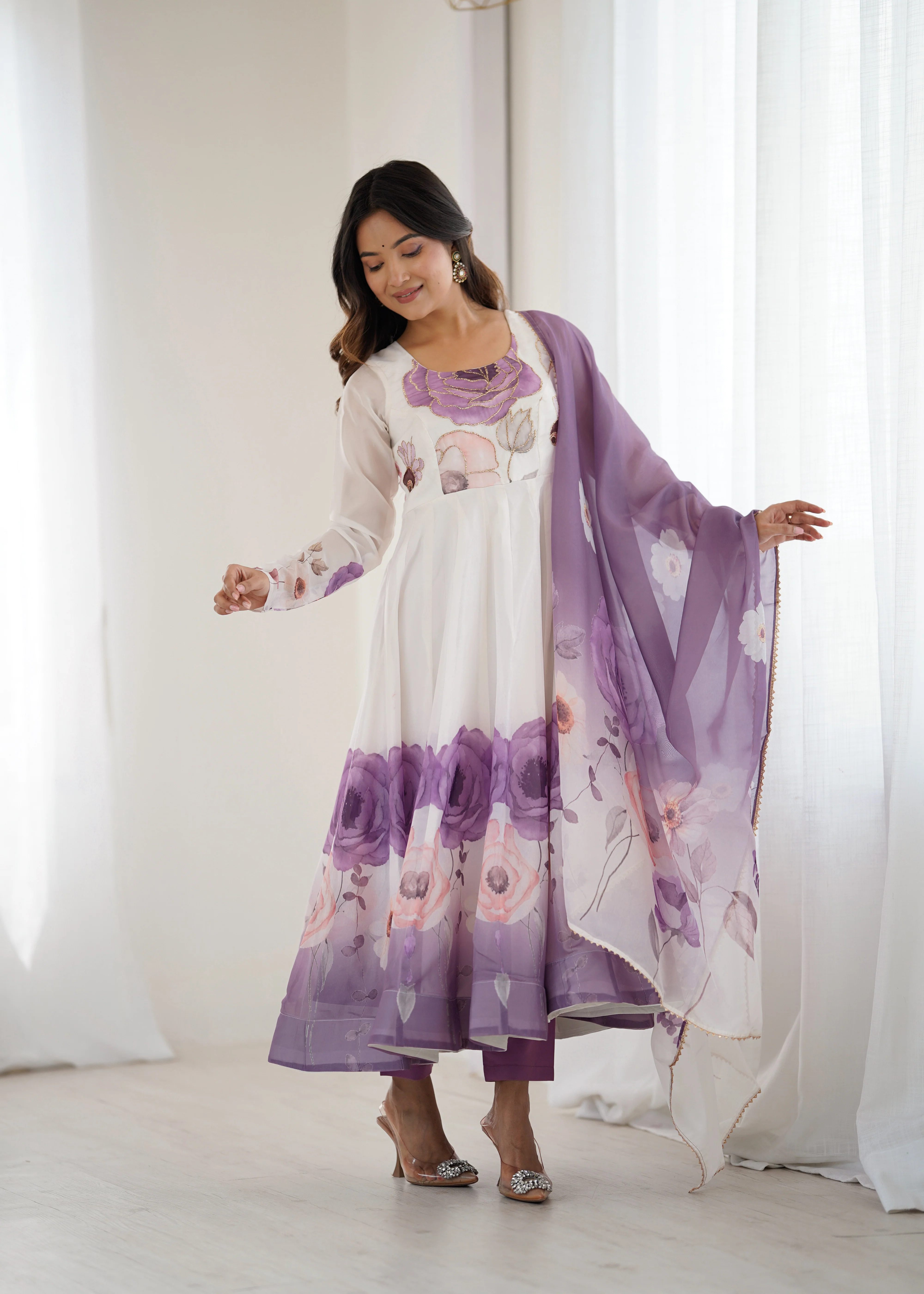 Floral Pure Soft Tabby Organza Silk Three Piece Anarkali Suit - Violate