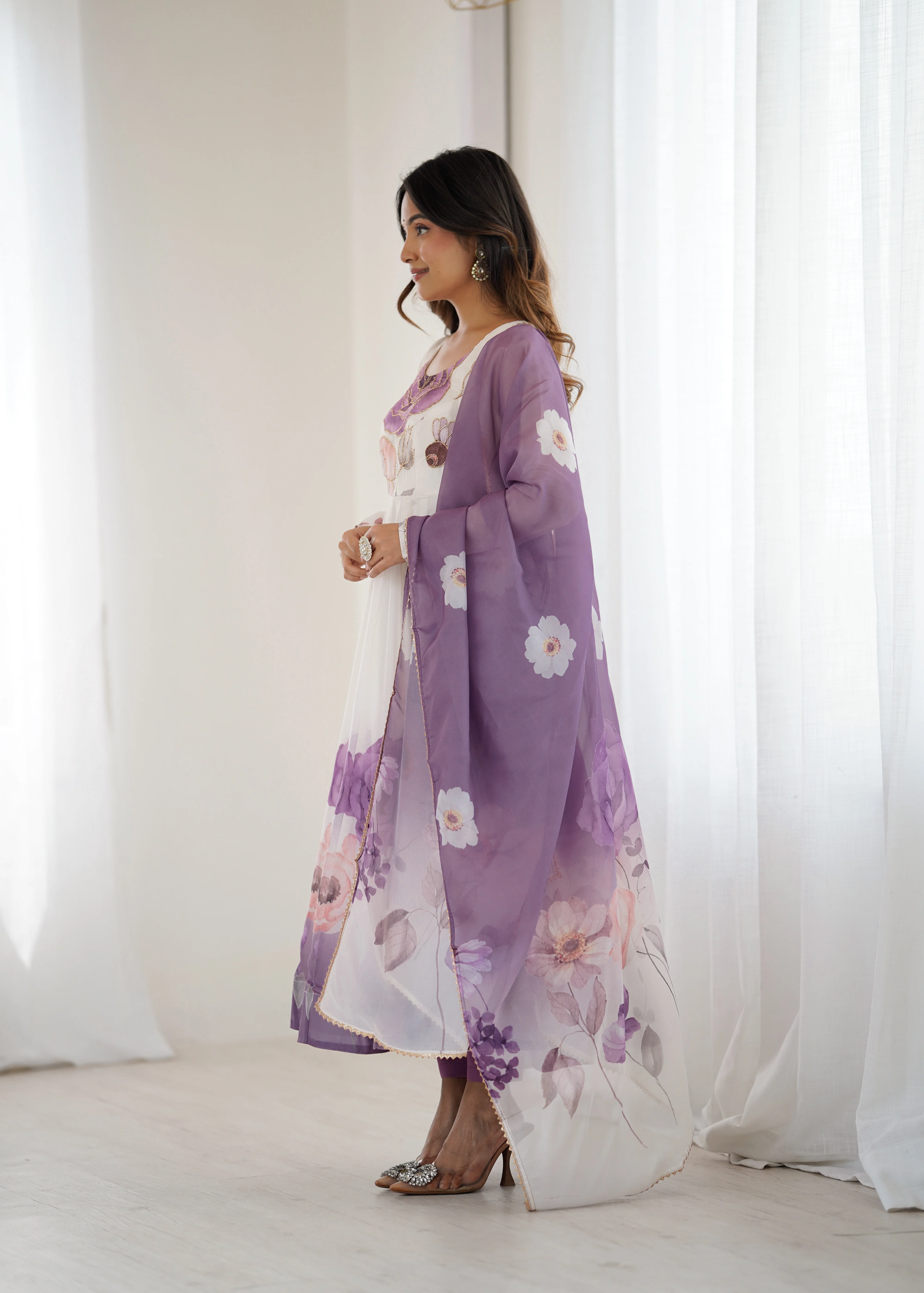 Floral Pure Soft Tabby Organza Silk Three Piece Anarkali Suit - Violate - Image 10