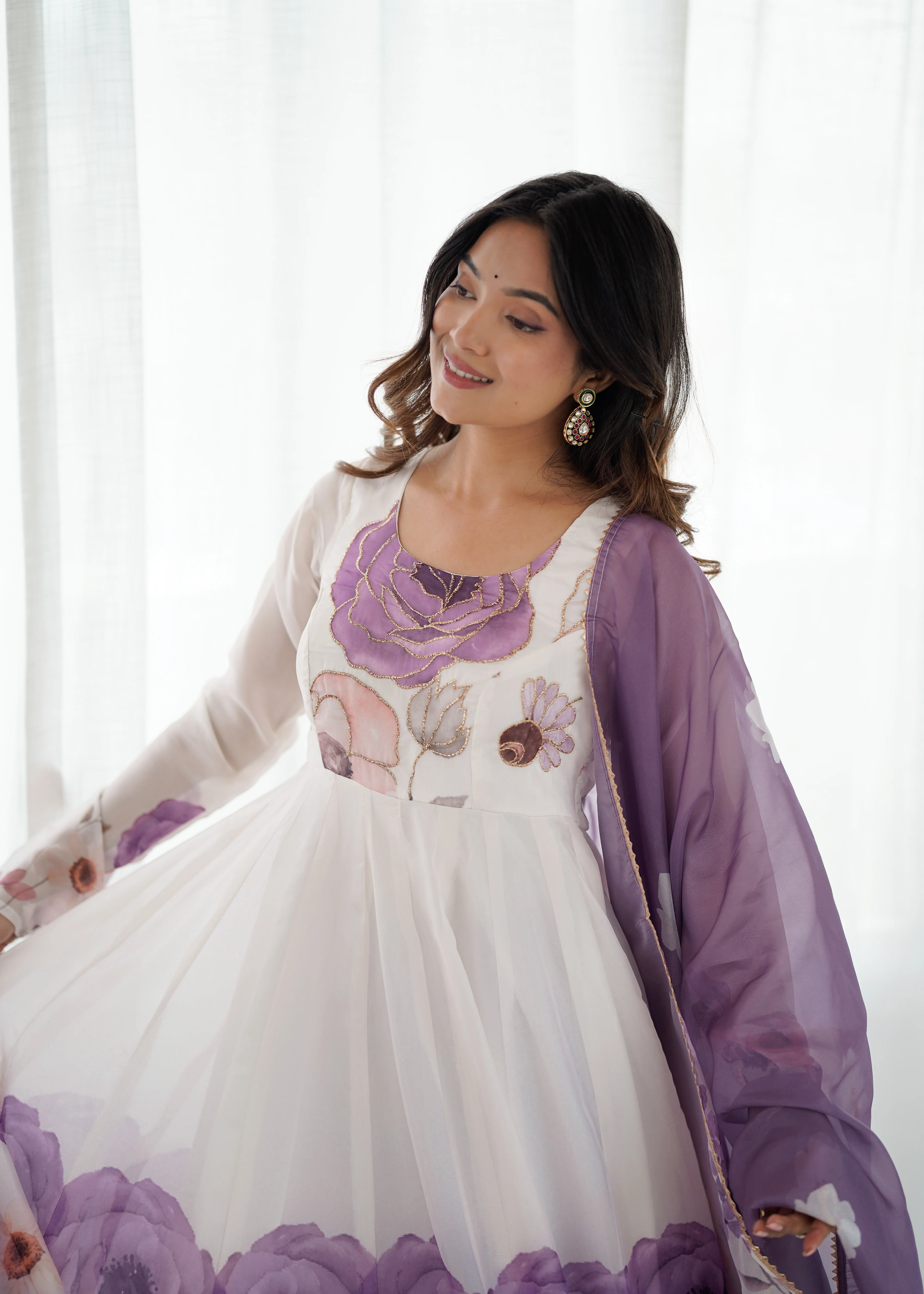 Floral Pure Soft Tabby Organza Silk Three Piece Anarkali Suit - Violate - Image 3