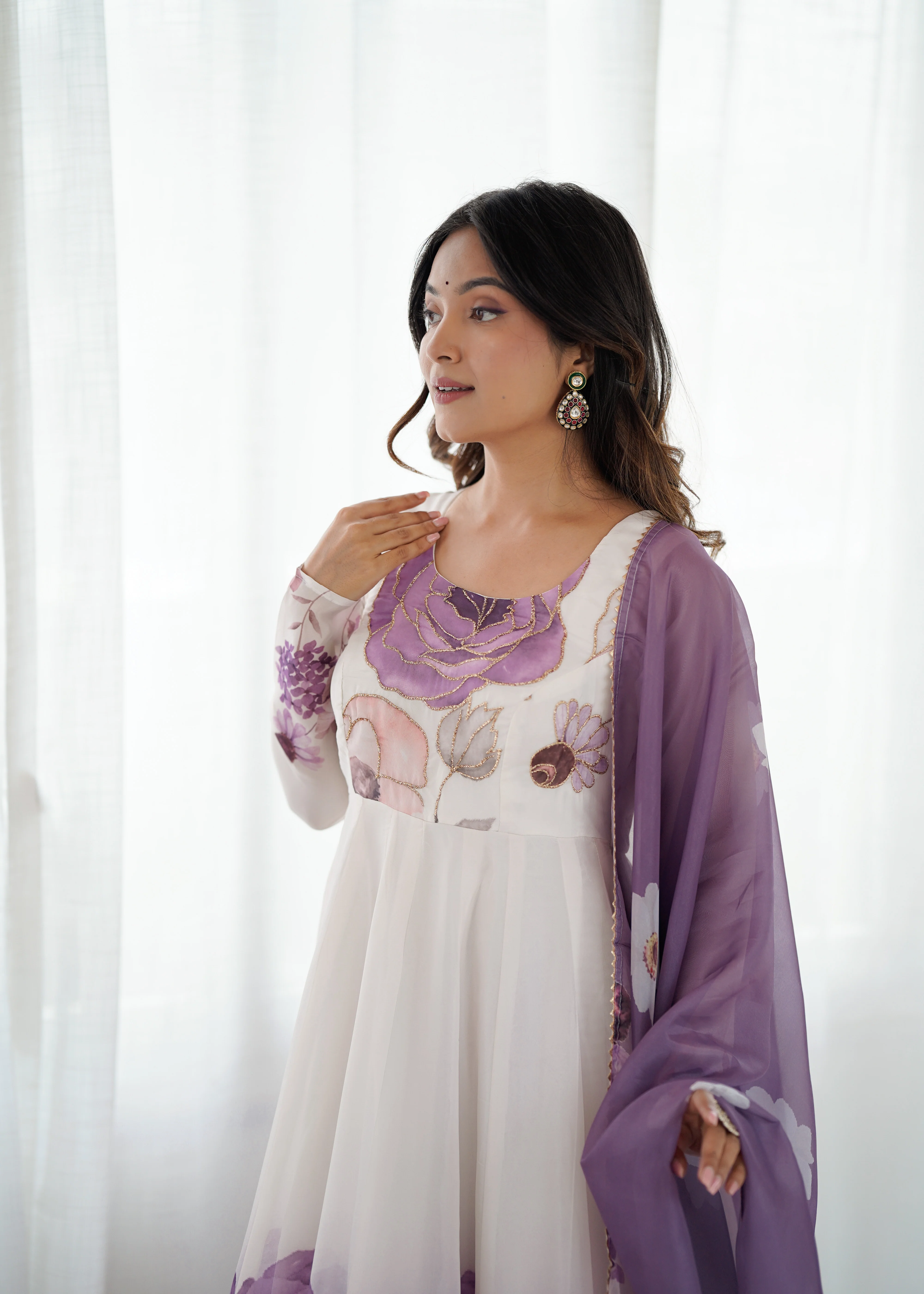 Floral Pure Soft Tabby Organza Silk Three Piece Anarkali Suit - Violate - Image 4