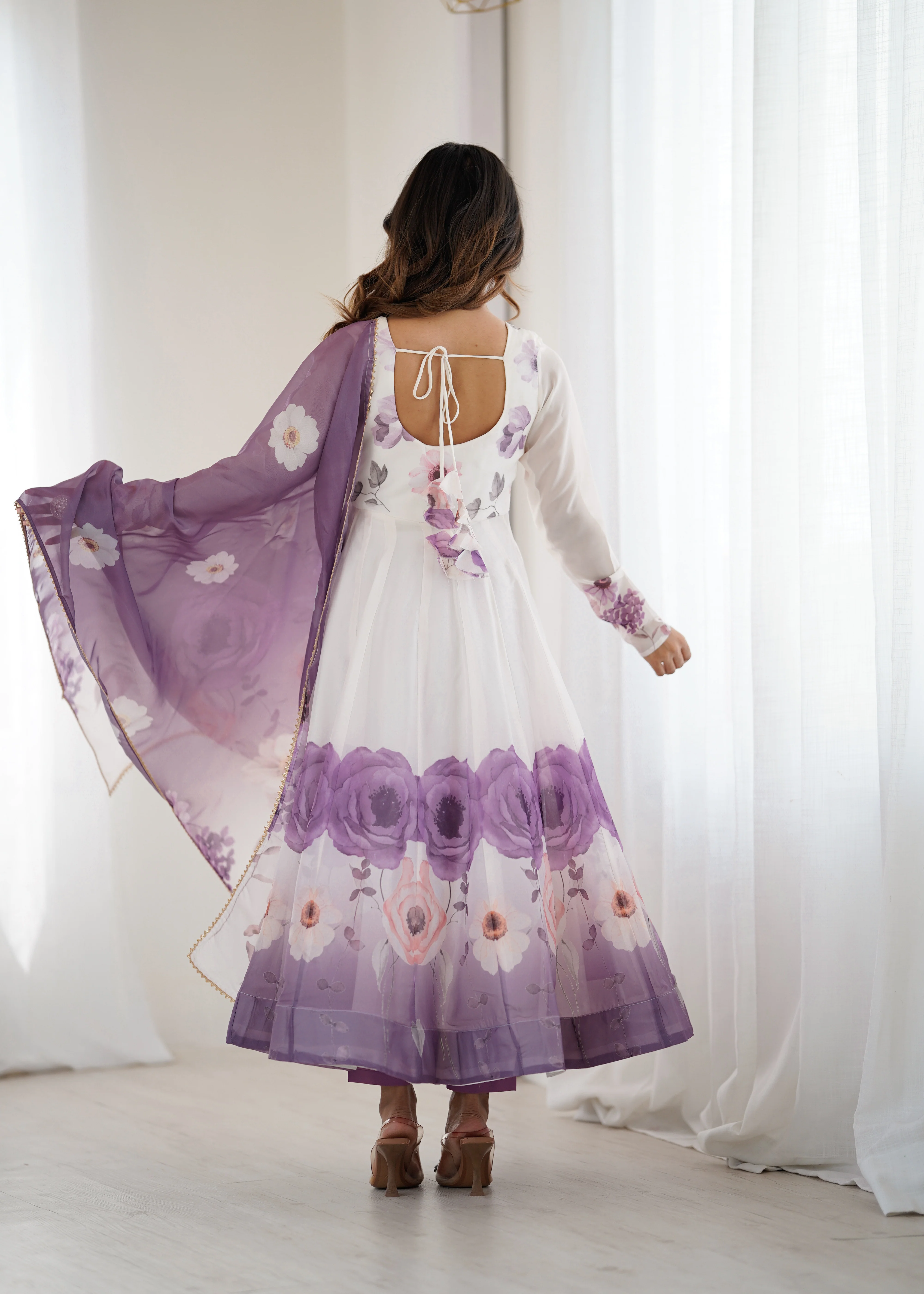 Floral Pure Soft Tabby Organza Silk Three Piece Anarkali Suit - Violate - Image 5