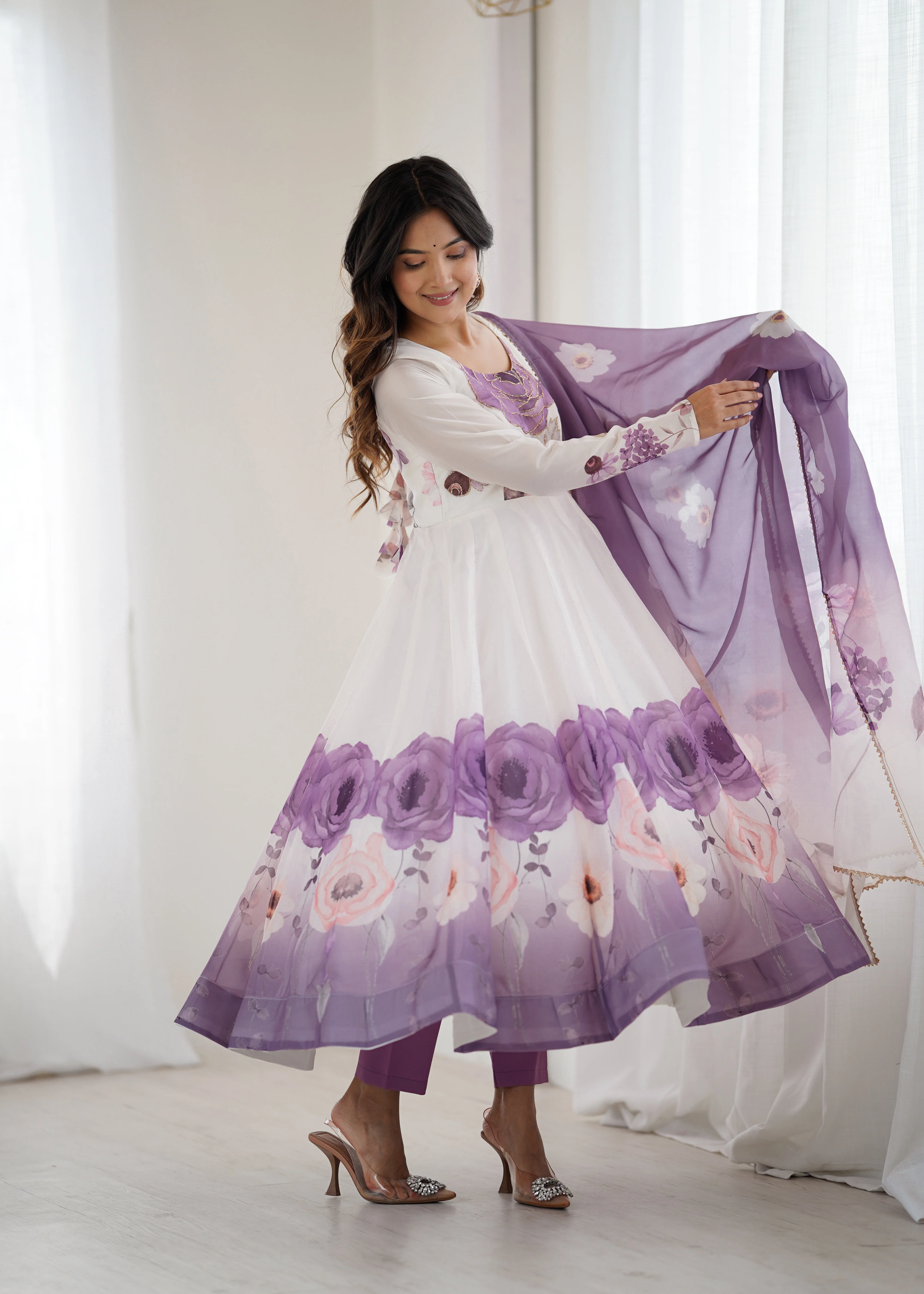 Floral Pure Soft Tabby Organza Silk Three Piece Anarkali Suit - Violate - Image 6