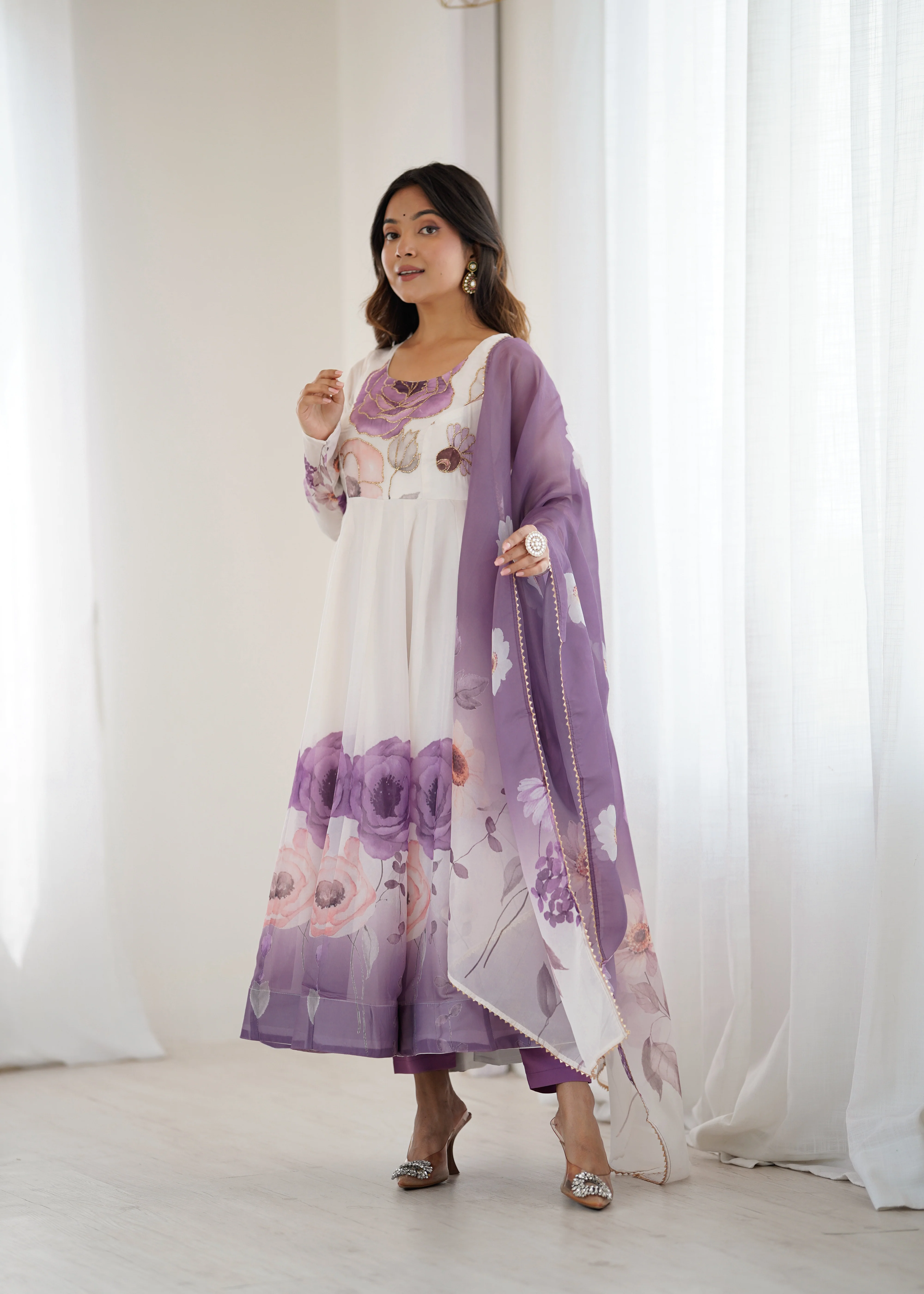 Floral Pure Soft Tabby Organza Silk Three Piece Anarkali Suit - Violate - Image 7